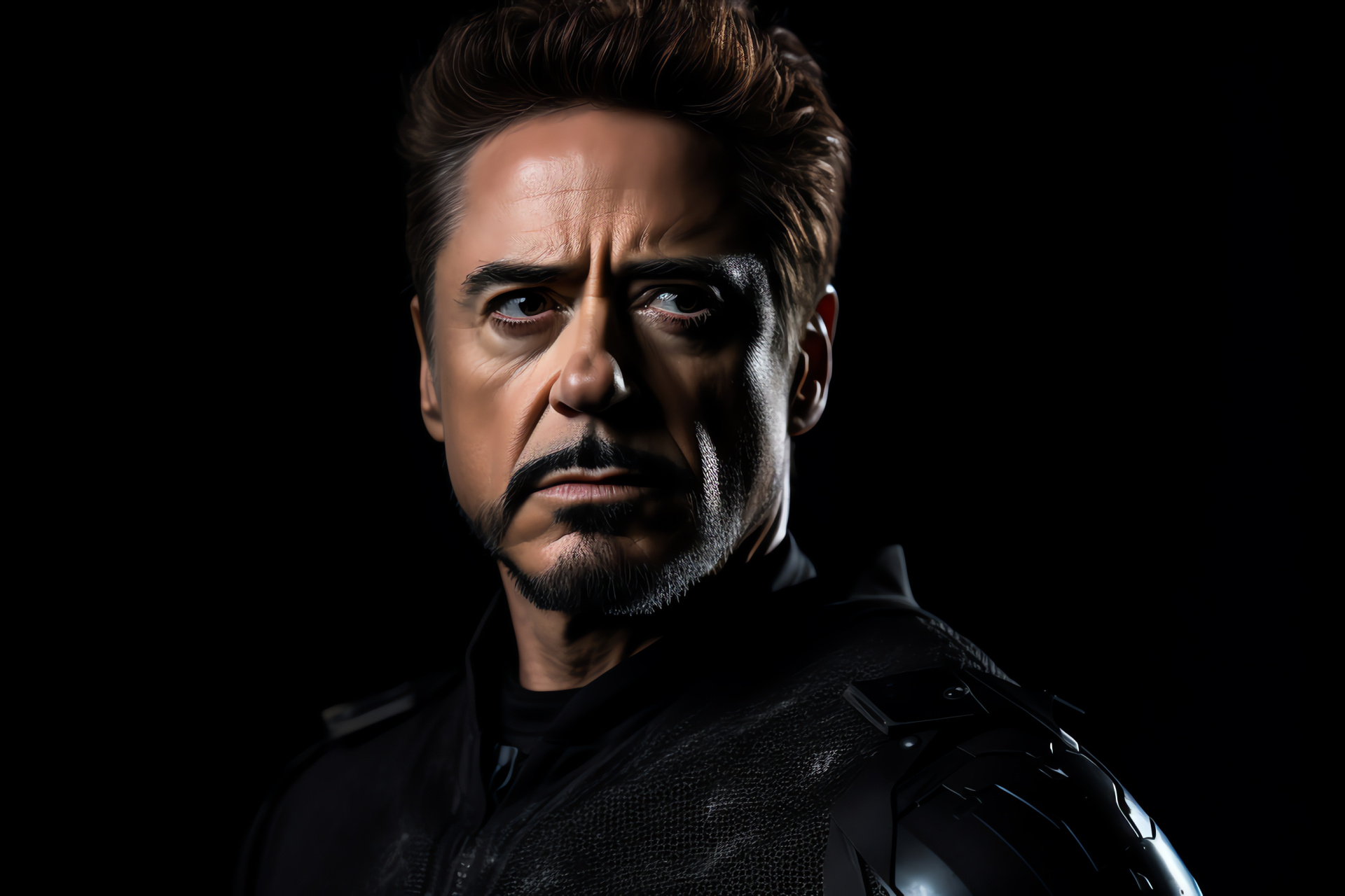 Robert Downey Jr as Iron Man, Superhero stance, Iconic suit livery, Powerful demeanor, Lustrous armor, HD Desktop Image