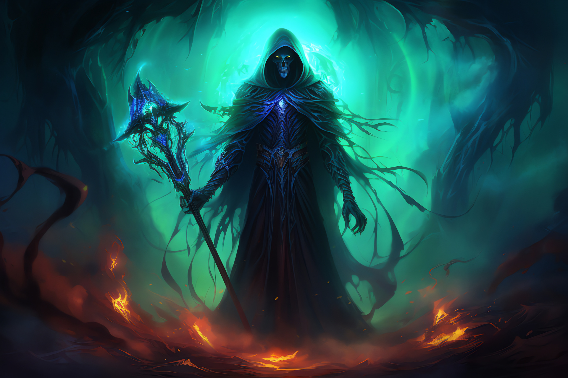 Diabolic warlock, Damien in armor, crimson gaze, infernal design, shadowy aura, HD Desktop Image