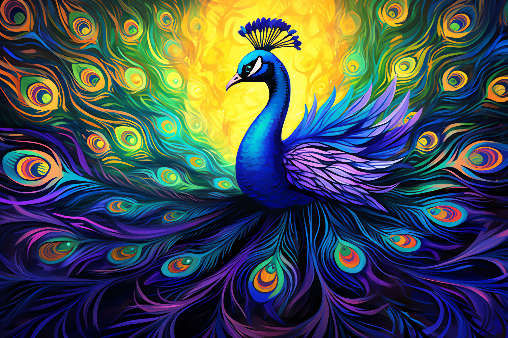Peacock, Majestic bird, Intricate eye plumage, Sunlight dappled garden, Royal feather hues, HD Desktop Wallpaper