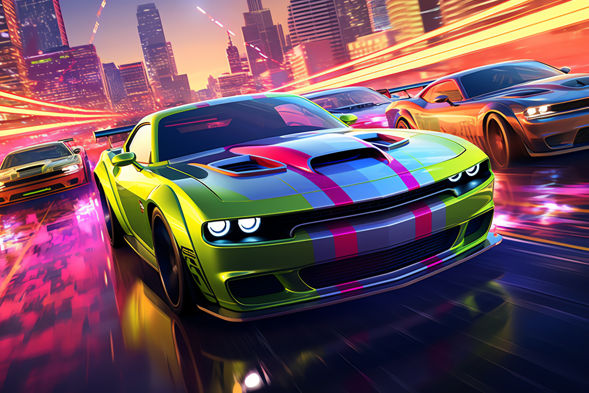 Muscle Cars HD, Aerial highway shot, Modern infrastructure, Cityscape glow, Speeding automobiles, HD Desktop Wallpaper