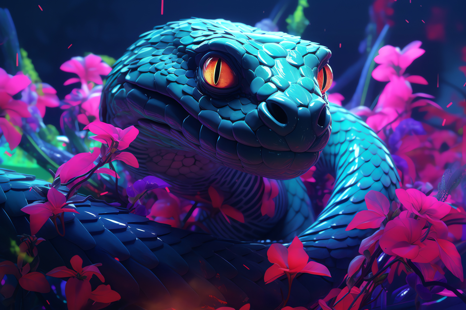 Neon Snake, rooftop retreat, floral archway, night garden, glowing creature, HD Desktop Image