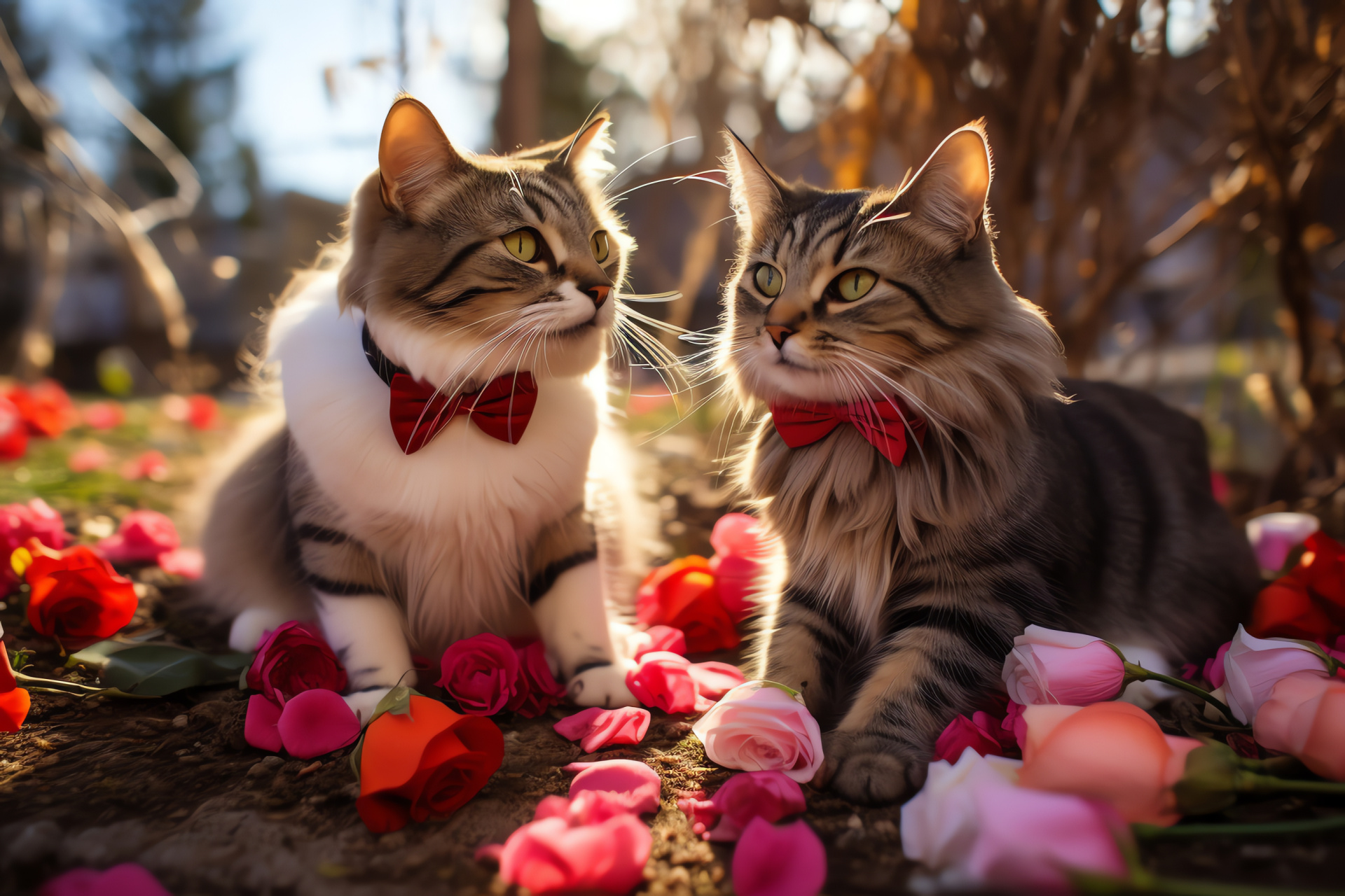 Outdoor feline gathering, Home garden scenery, Springtime blossoms, Fashionable pet accessories, Romantic silk neckwear, HD Desktop Image