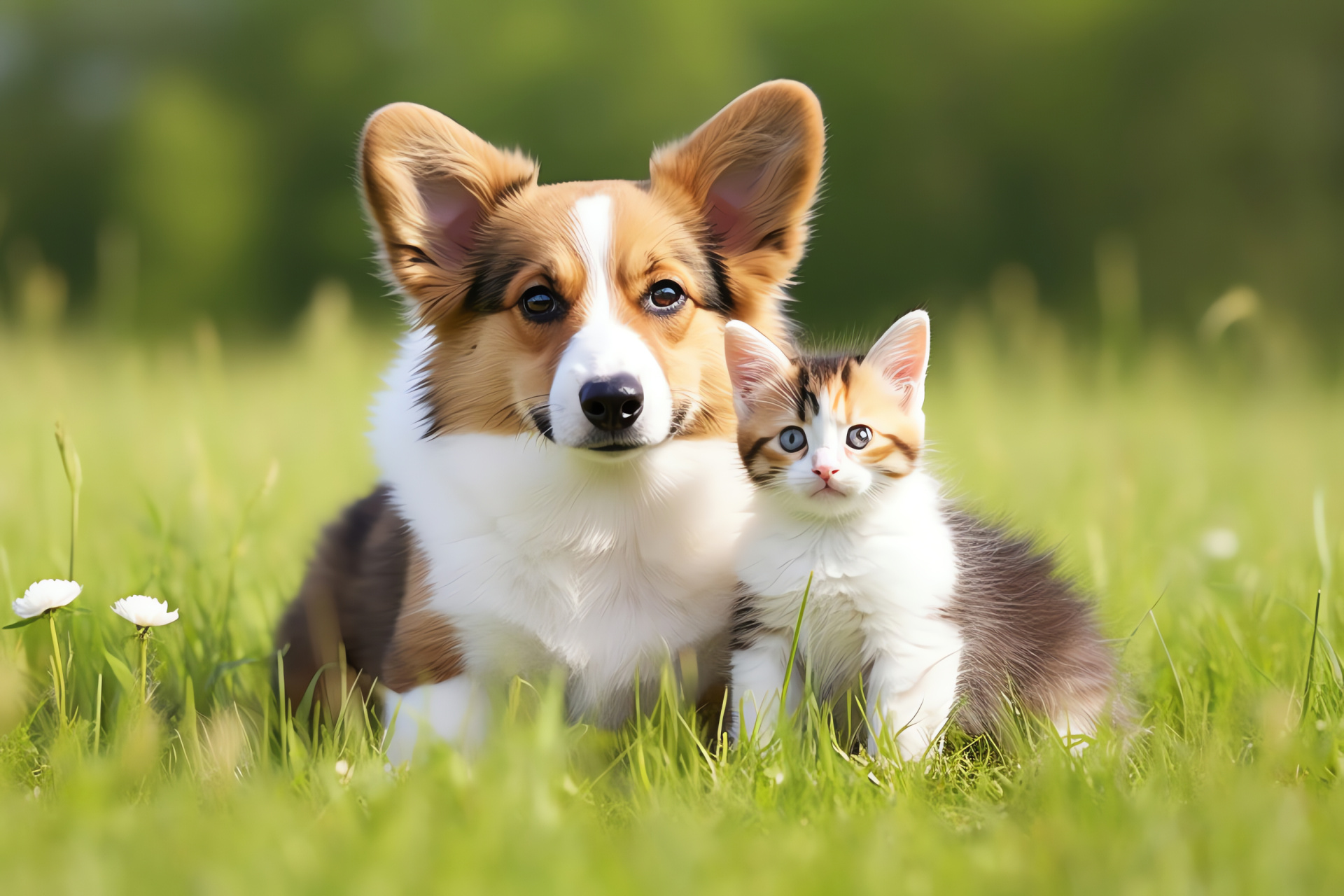 Corgi puppy, tri-color dog, pet gaze, kitten companions, furry texture, HD Desktop Wallpaper
