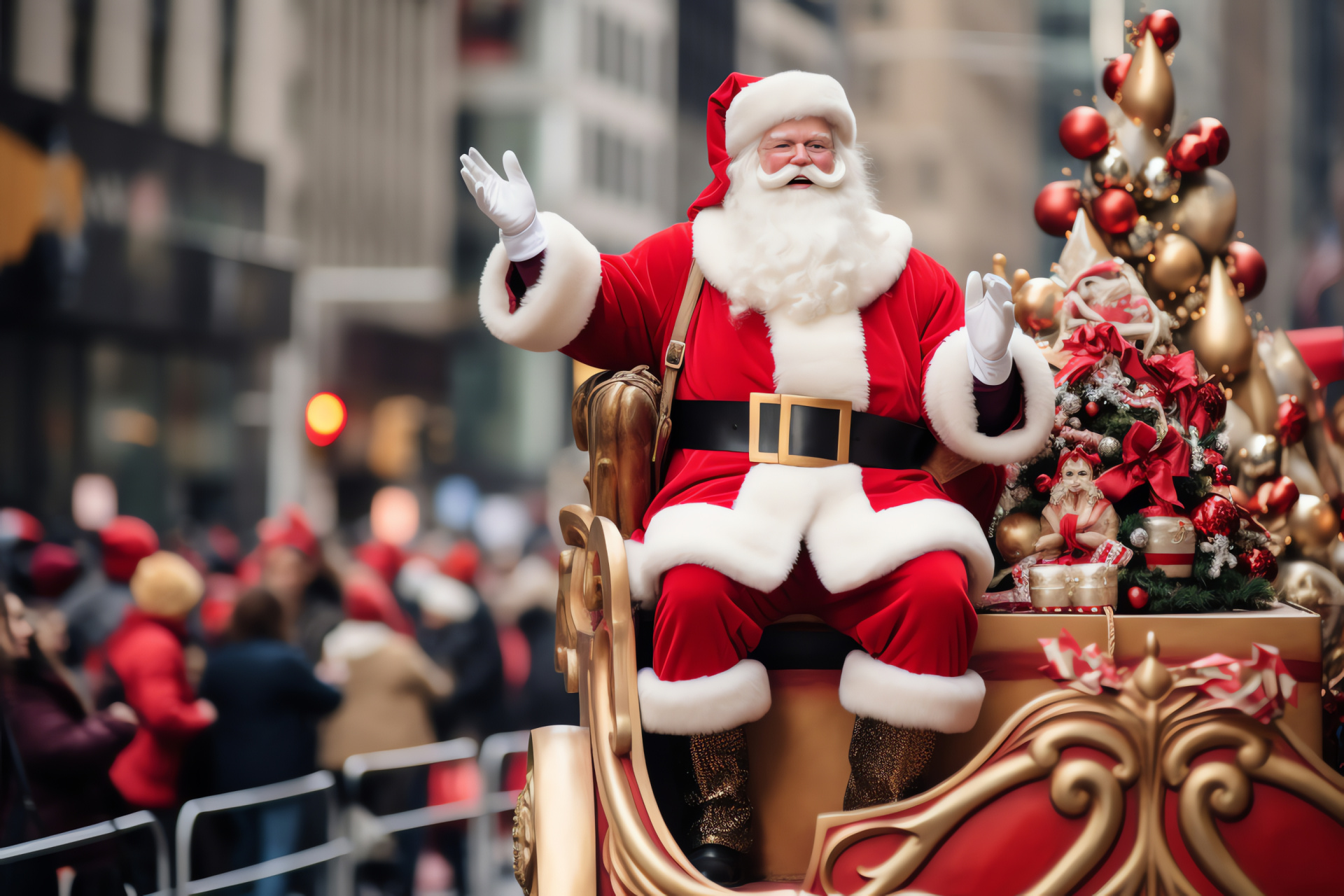 Jolly old Saint Nicholas, Big Apple, Christmas conveyance, Midtown Manhattan, towering skyscrapers, HD Desktop Image