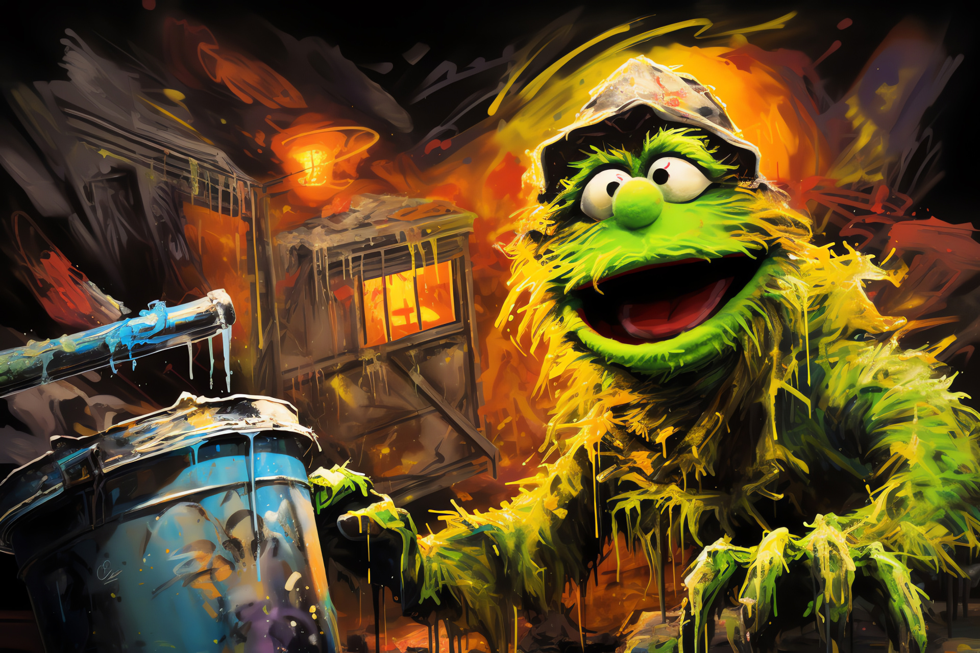 Witty Oscar the Grouch, Iconic Sesame Street, Green puppet, Trash can home, Television humor, HD Desktop Wallpaper