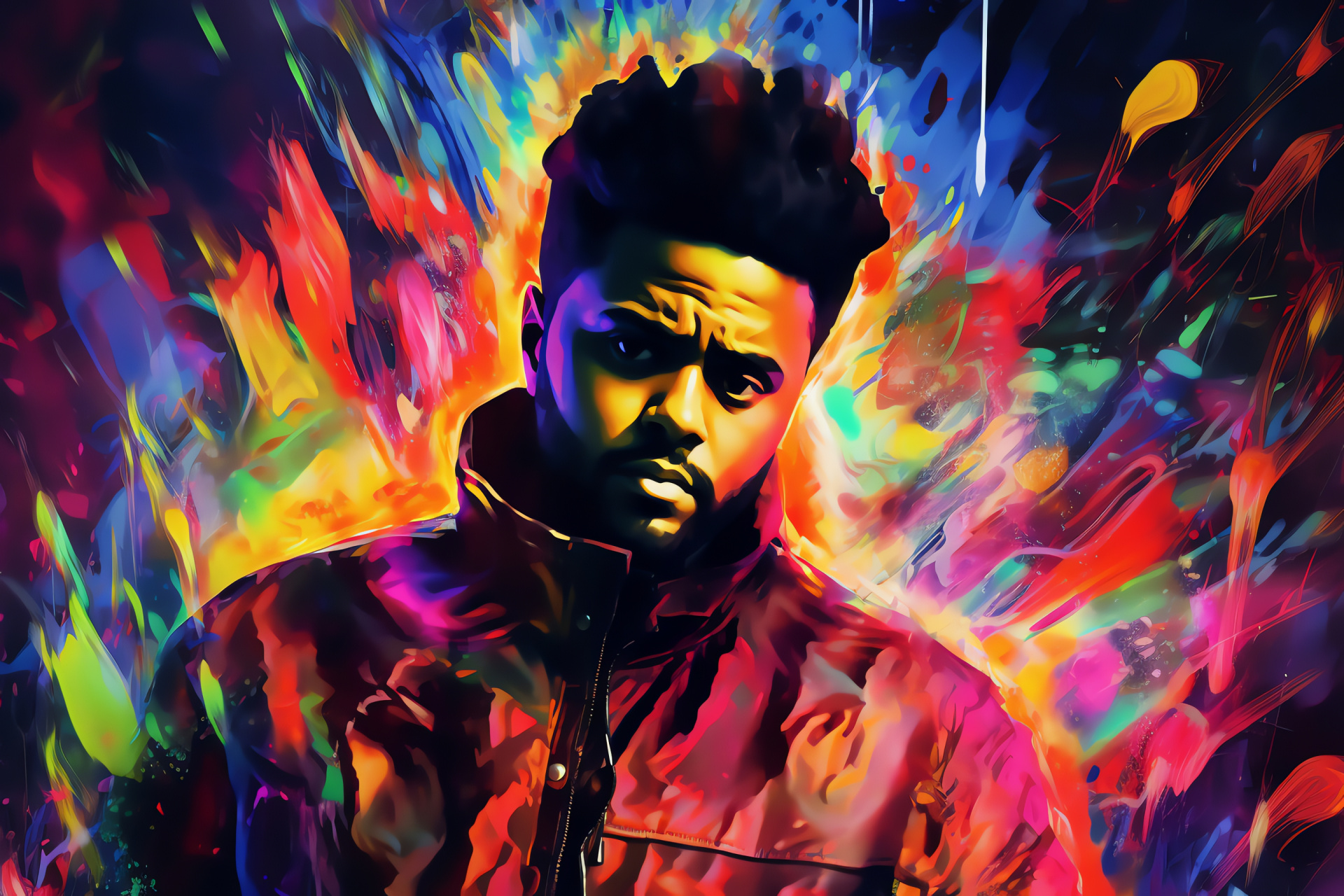 The Weeknd with abstract digital realm, sense of levitation, mesmerizing swirling vortex, kaleidoscope of vivid hues, HD Desktop Image