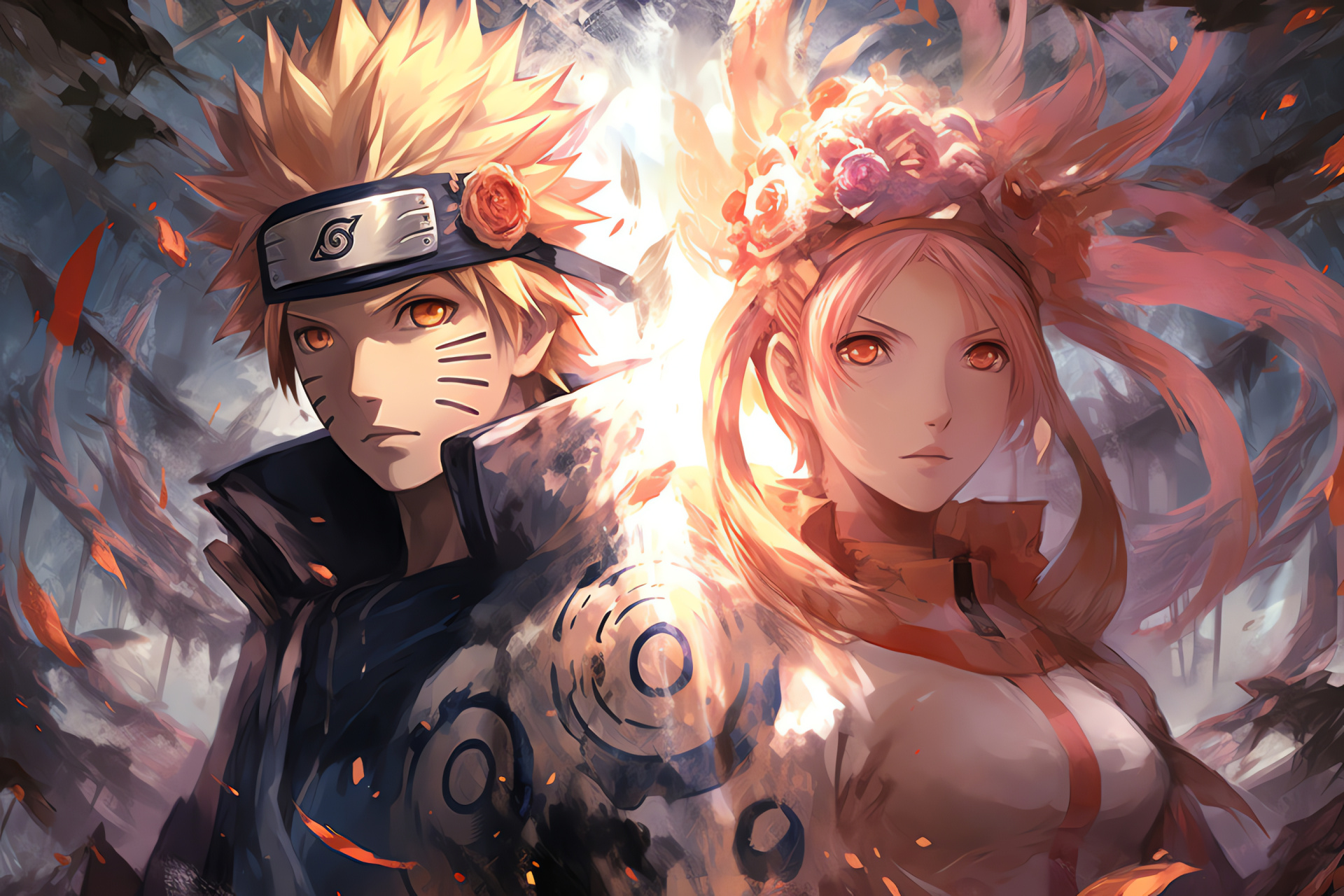 Naruto Uzumaki with Sakura, High stakes anime scene, Enhanced mythical form, Sage jutsu portrayal, Transcendent power glow, HD Desktop Wallpaper
