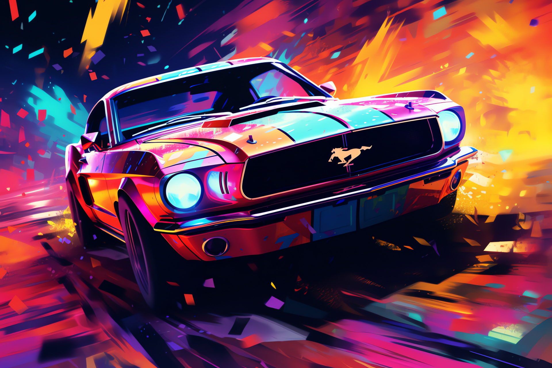 Vivid Mustang, Artistic automotive, Close-up perspective, Psychedelic interpretation, Neon canvas, HD Desktop Image