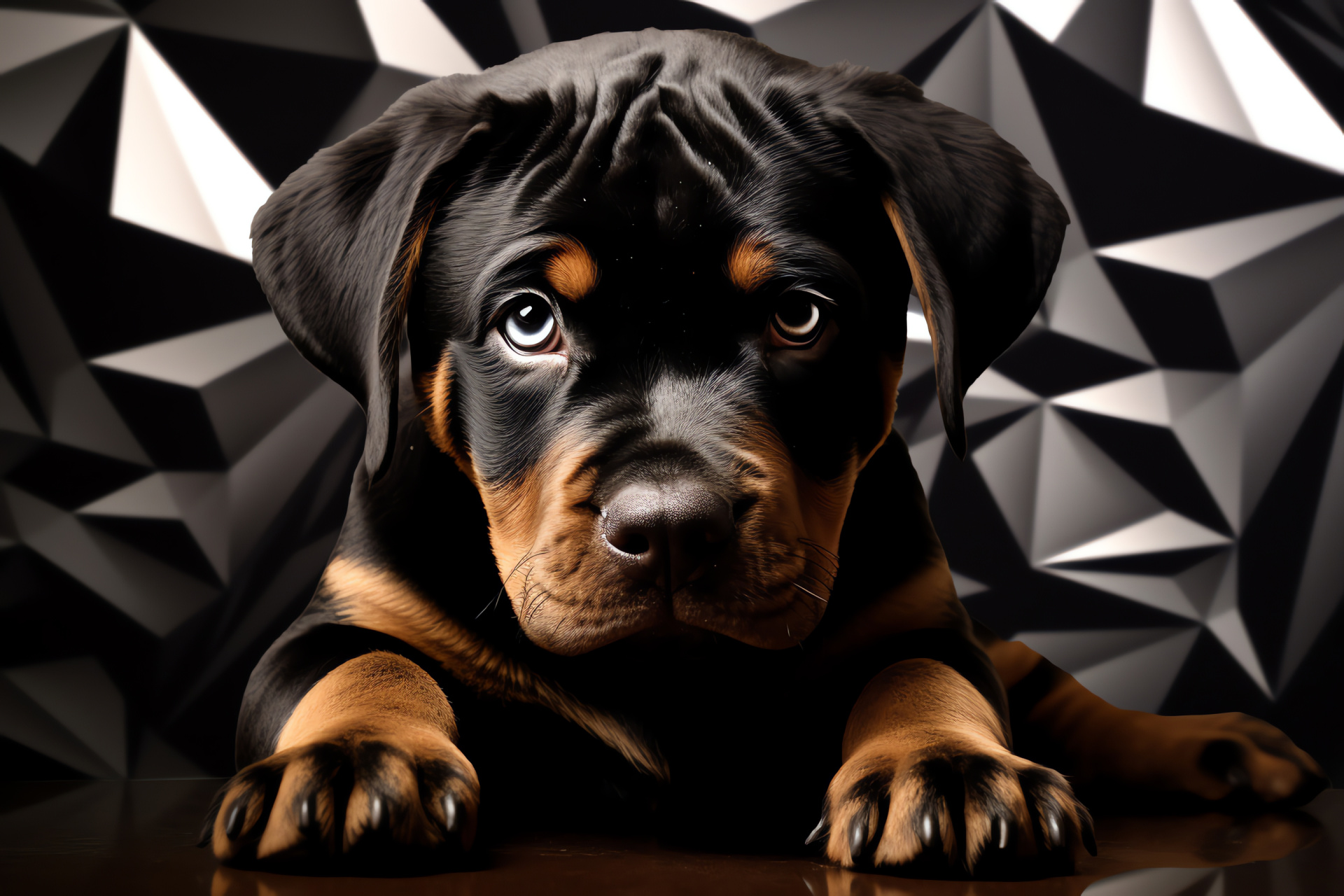 Rottweiler Puppy portrait, Puppy soulful gaze, Sleek black canine, Abstract pattern background, Rottweiler black white, HD Desktop Wallpaper