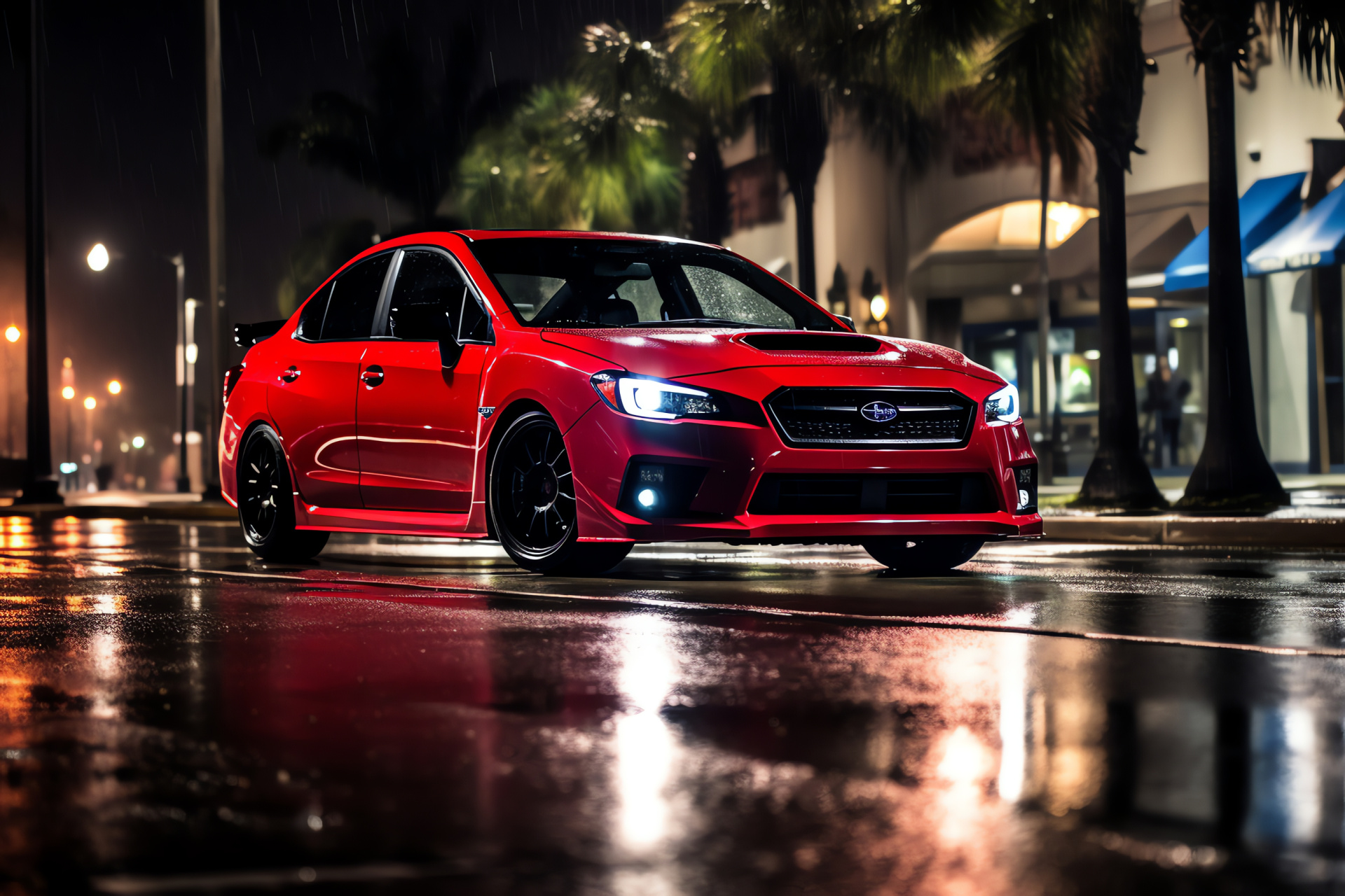 Subaru Impreza details, Metallic red sedan, Sophisticated LED illumination, Polished chrome features, High-performance wheels, HD Desktop Image