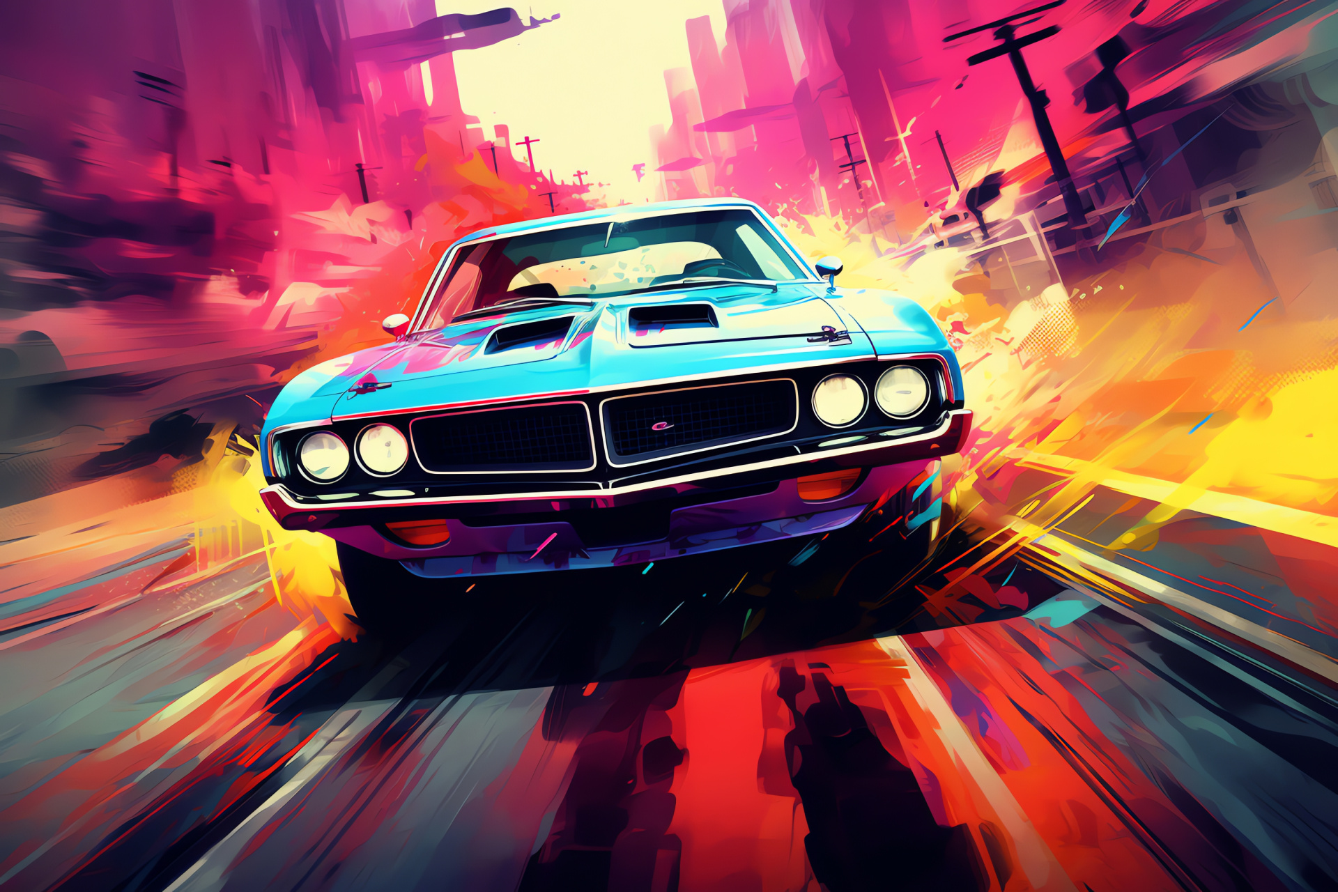 Muscle car grandeur, Elevated fore shot, Seaside roadway, Oceanic ambiance, Sunlit chroma, HD Desktop Image