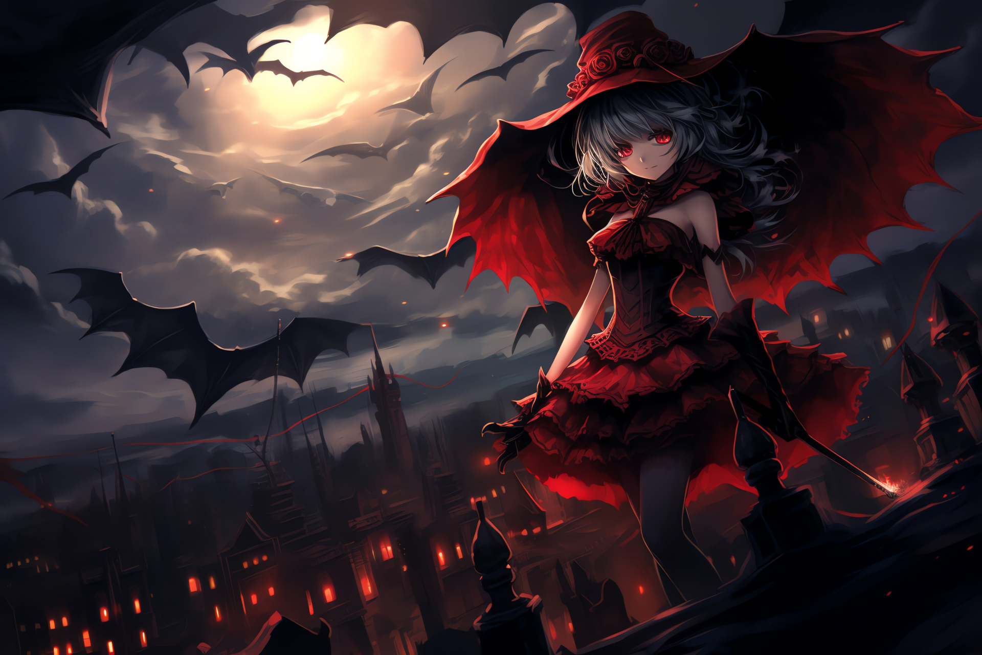 Touhou Remilia Scarlet, Vampire character, Gensokyo universe, Night themed setting, Fictional mansion, HD Desktop Wallpaper