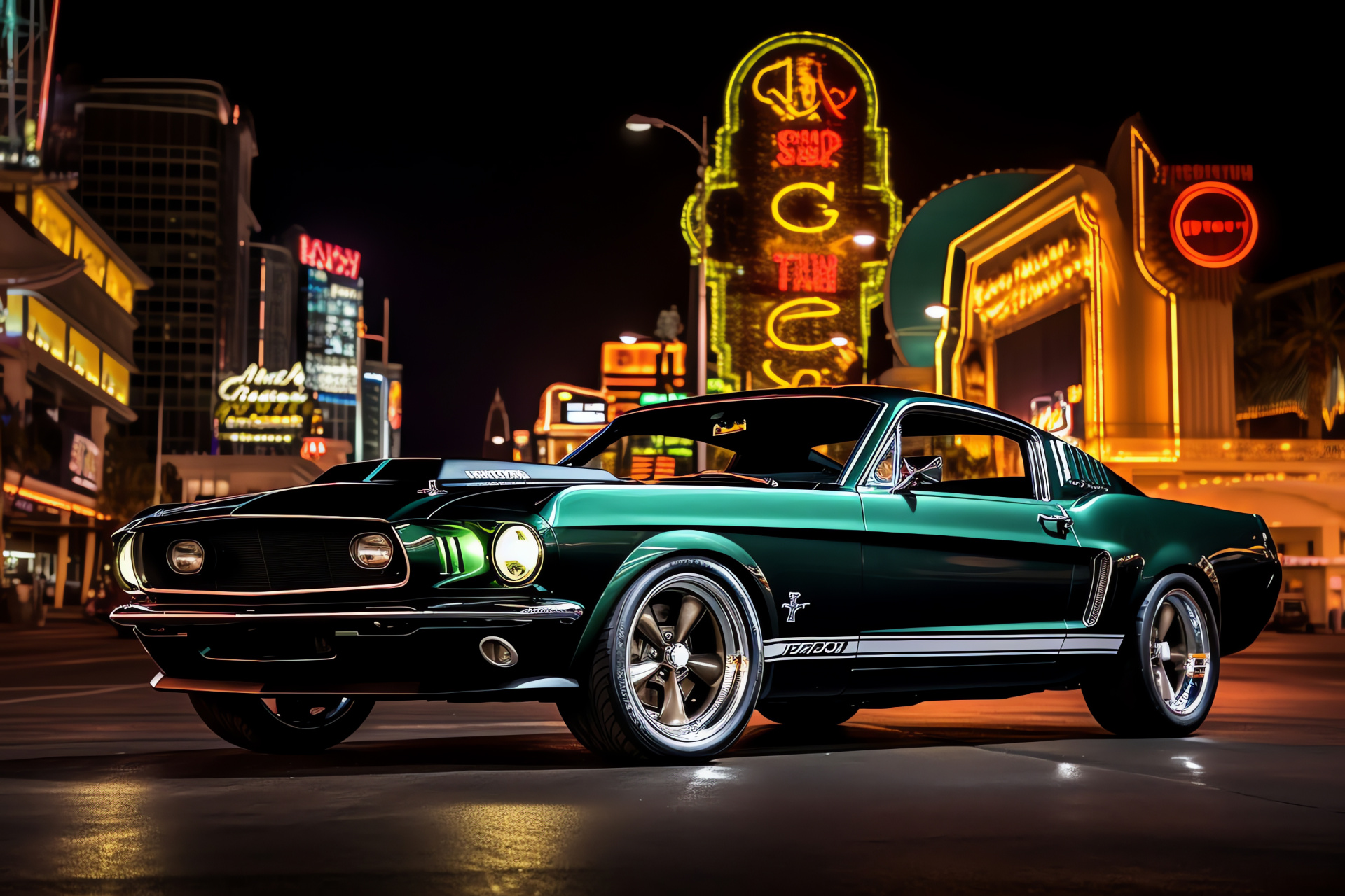 Mustang in Vegas, Bullitt special edition, Iconic signage, Neon-lined Strip, Mustang grandeur, HD Desktop Image