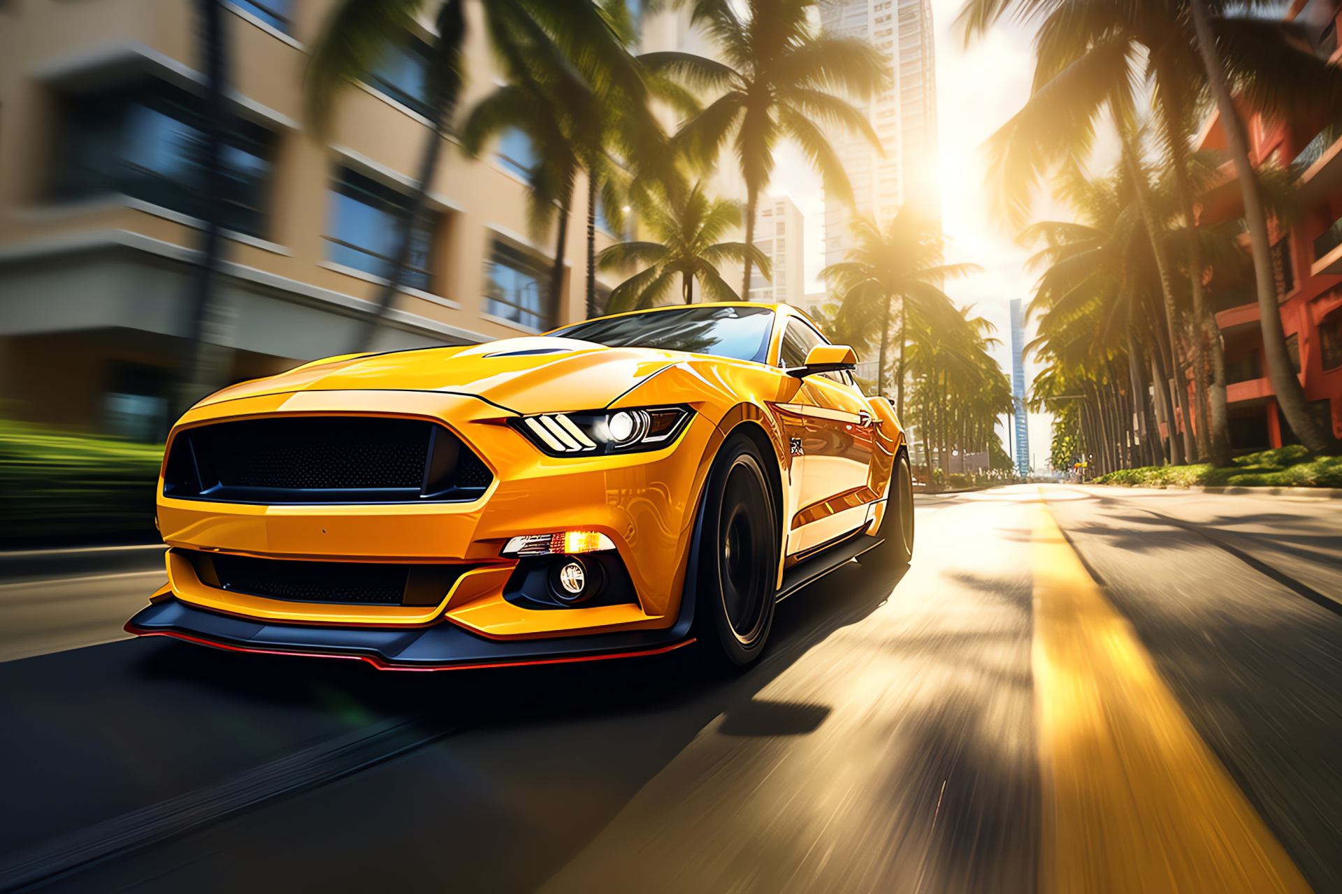 Mustang Fastback GT, Miami drift scene, Automotive action, Art deco skyline, Palmetto accents, HD Desktop Image