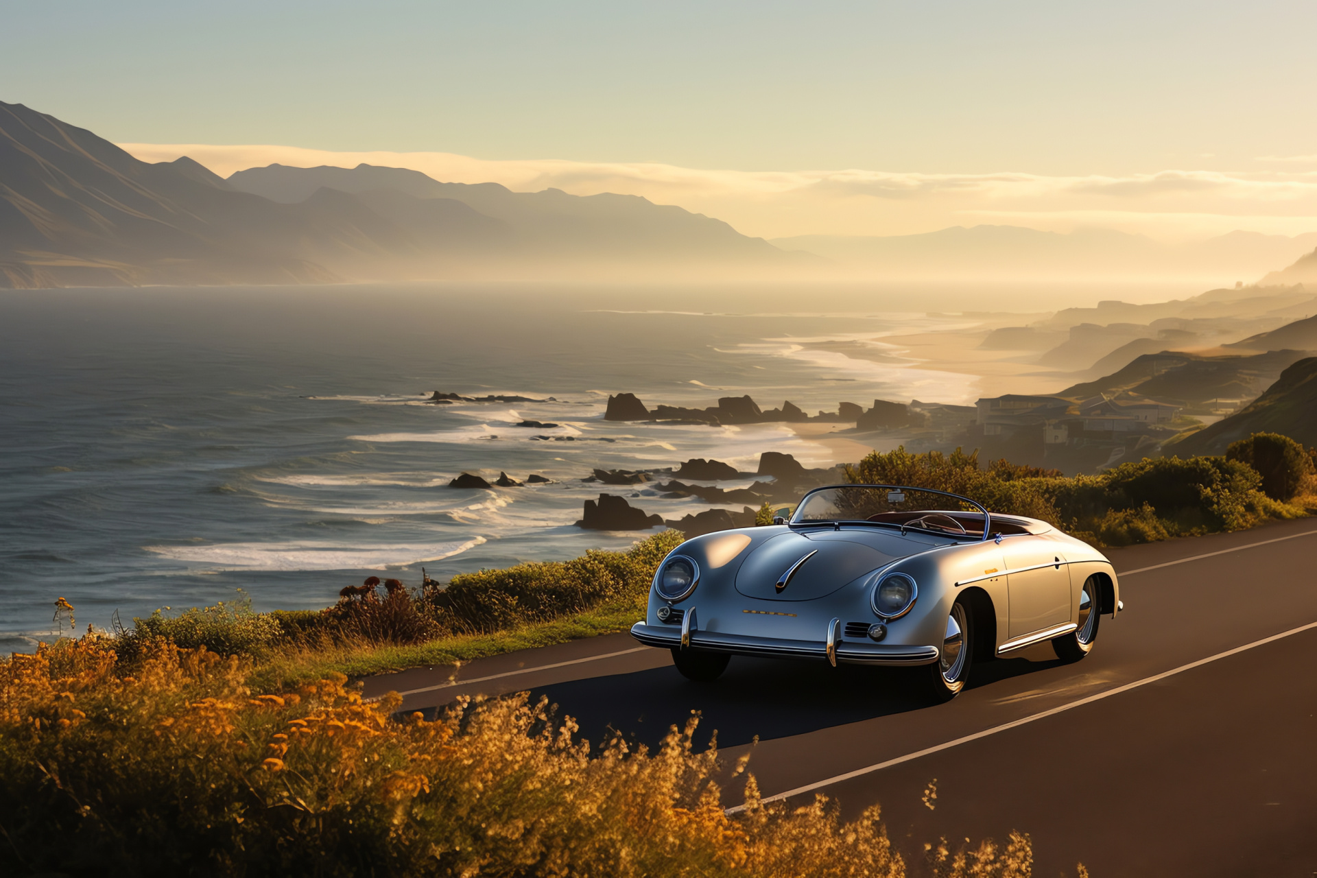 California cruising Porsche 356 Speedster, Silver classic glamor, Pacific Highway vistas, Timeless sports car, Nautical ambiance, HD Desktop Wallpaper