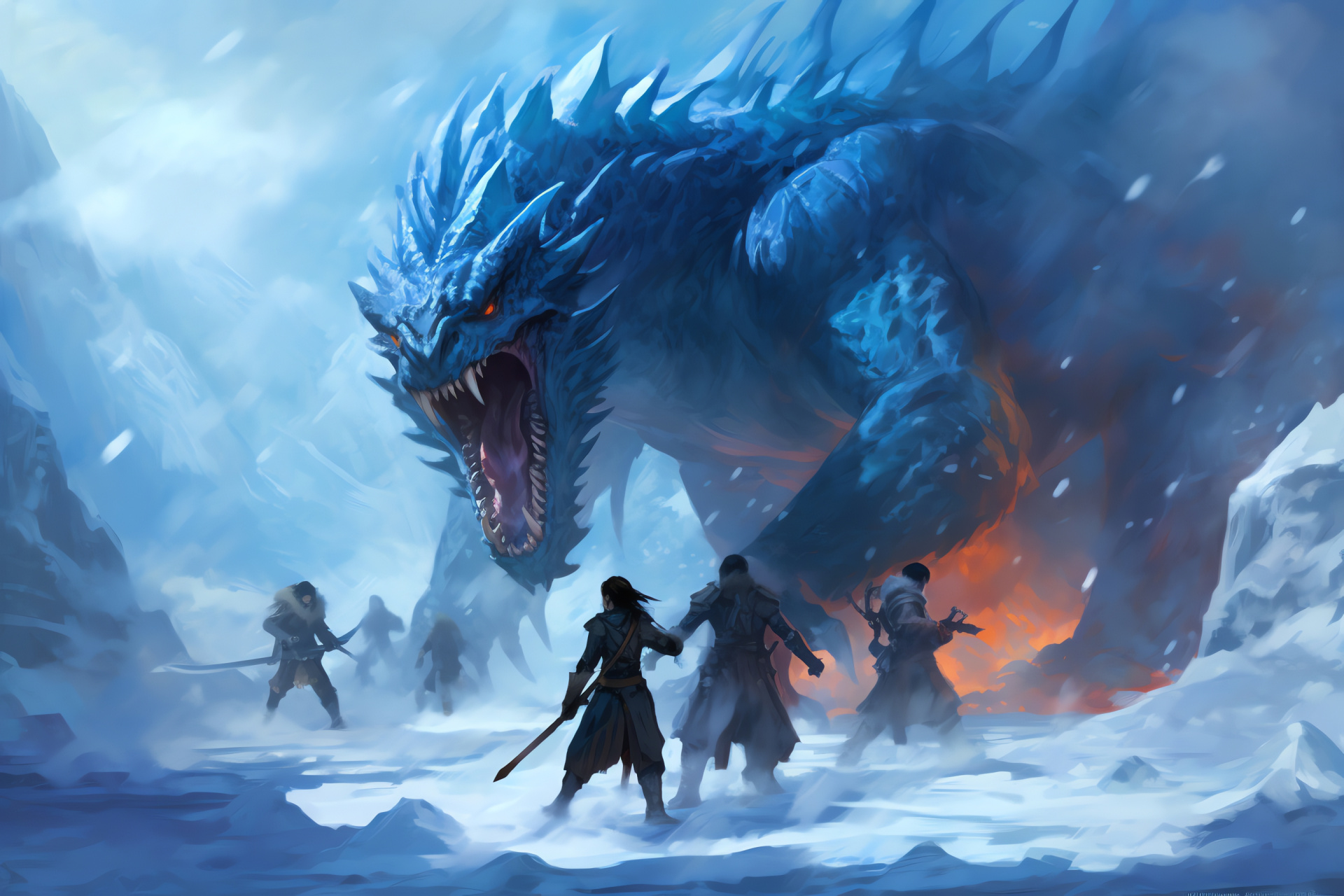 Neverwinter Nights quest, fantasy warrior group, draconic foe, frozen wastes, alabaster snowfields, HD Desktop Wallpaper
