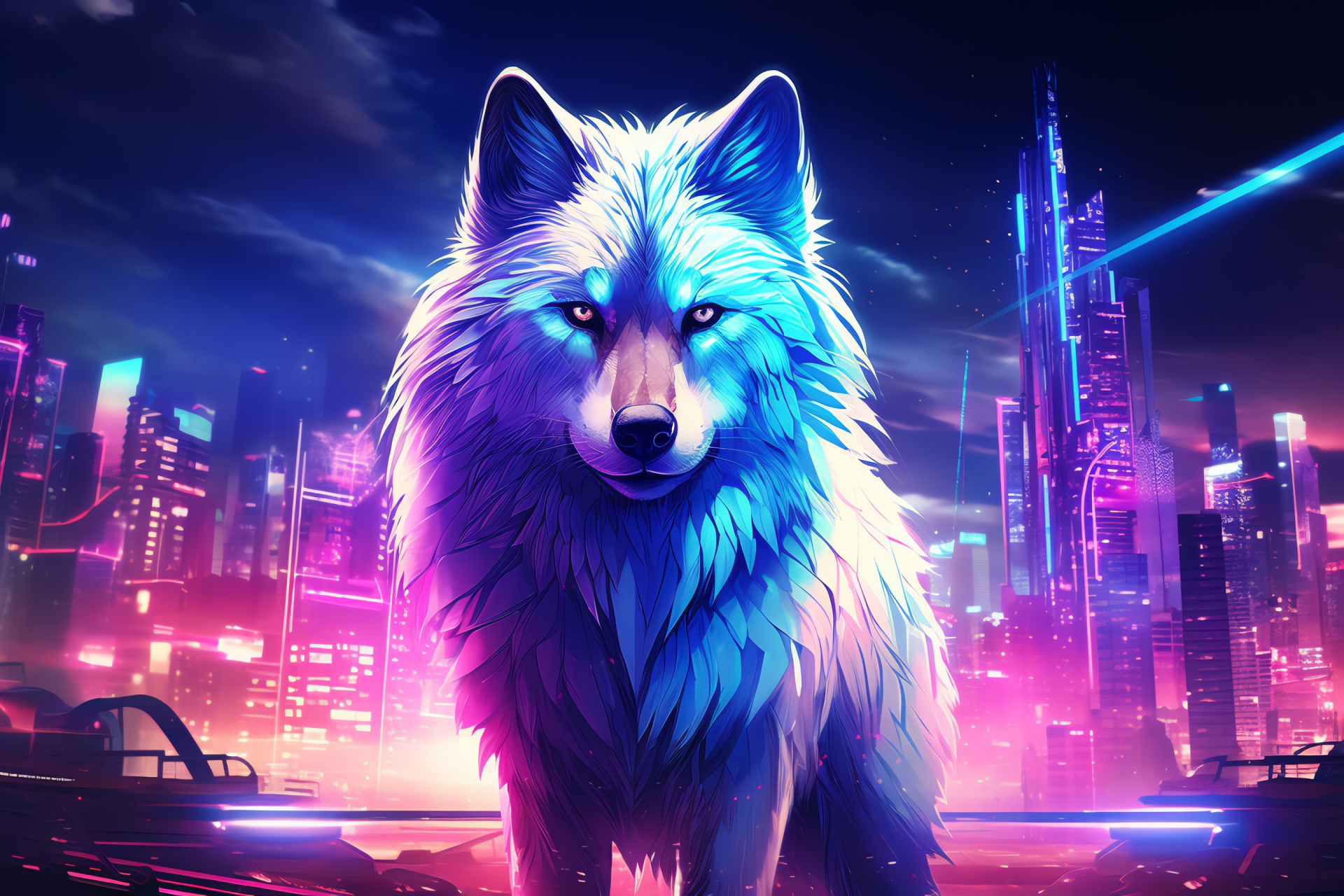 Polar Canine, arctic predator, luminescent blue tones, fluffy animal coat, high-rise perspective, neon metropolis, HD Desktop Image