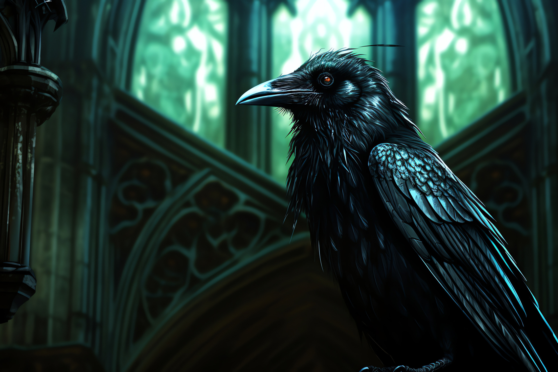 Corvid closeup, raven with obsidian plumage, gothic ambiance, cathedral guardian gargoyle, atmospheric candle lighting, HD Desktop Image