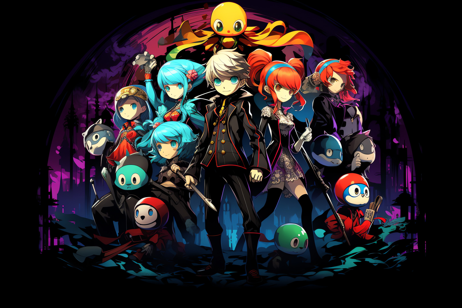 Persona Q team, Yasoinaba investigation, Yukiko Amagi, Detective Naoto, Persona summoners, HD Desktop Image