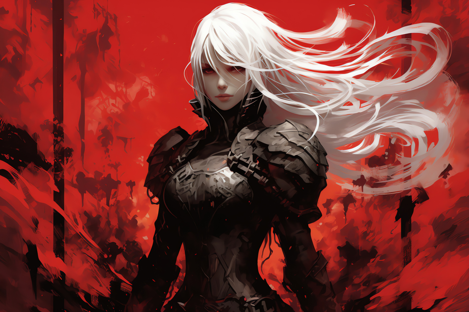 Nier Replicant warrior, Silver battle gear, Mystical green eyes, Pale hair, Fictional video game armor, HD Desktop Image