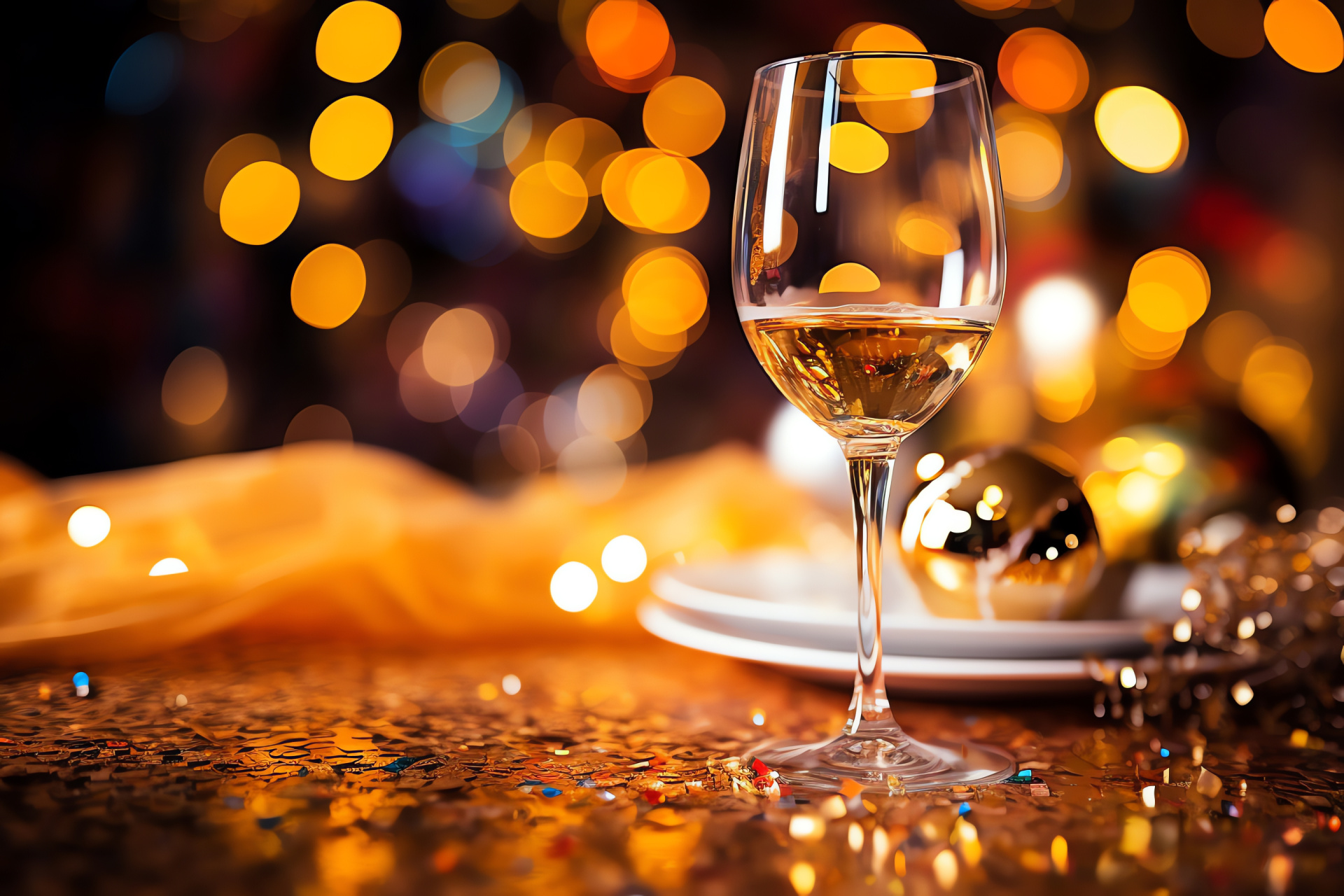 New Years festivity, champagne toast, shimmering decor, festive cheer, golden hues, HD Desktop Wallpaper