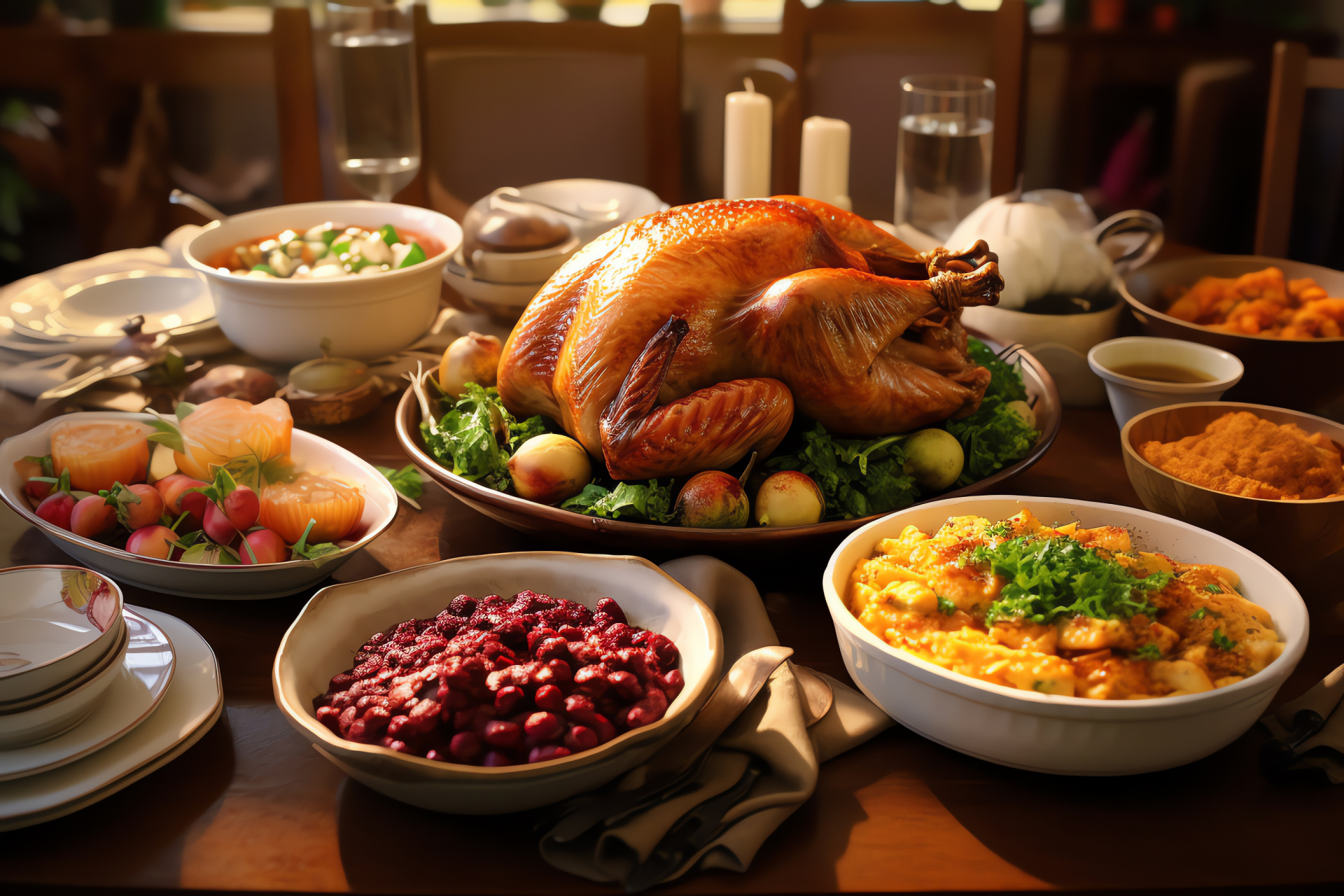 Thanksgiving holiday graphic, Virtual feast setup, Computer-generated banquet, Traditional dinner spread, Family celebration, HD Desktop Wallpaper