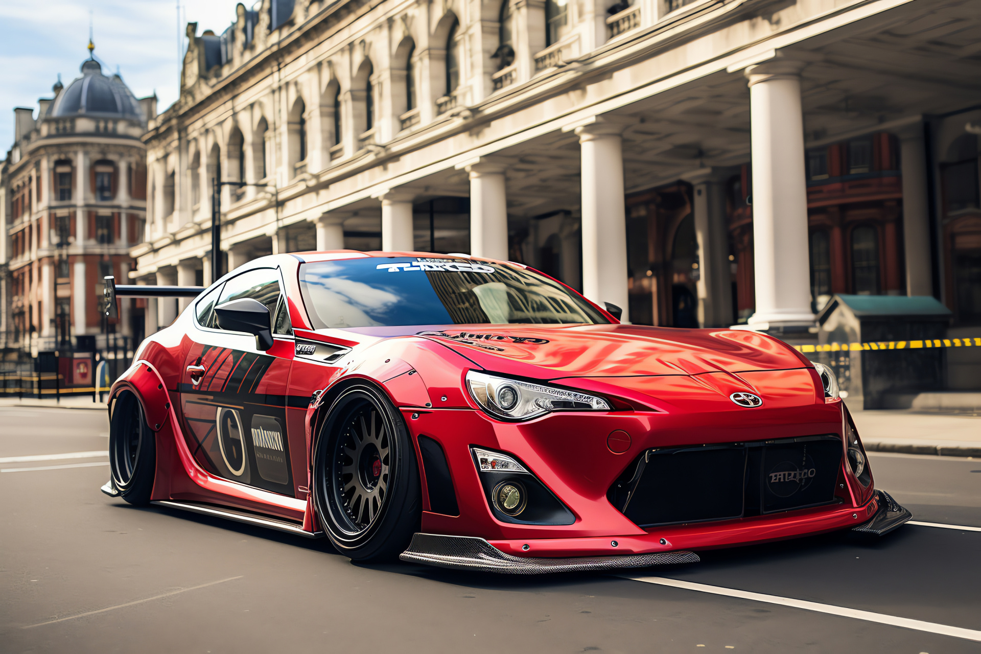 Custom Scion FRS, Rocket Bunny kit, British capital, Appearance enhancement, Iconic city elements, HD Desktop Image