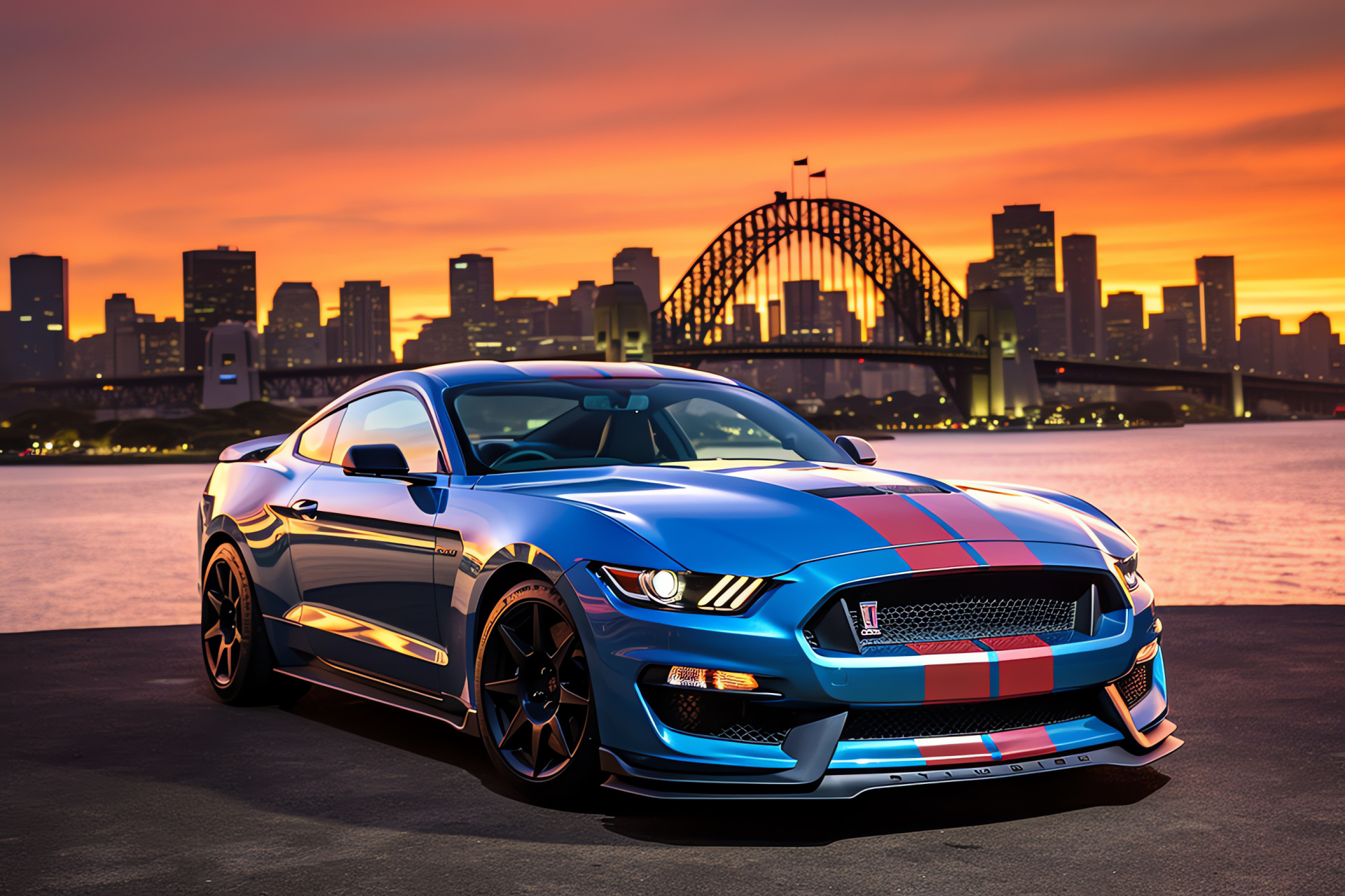 Mustang GT350, Sydney backdrop, Bridge overpass drive, Horsepower display, Metropolis context, HD Desktop Wallpaper