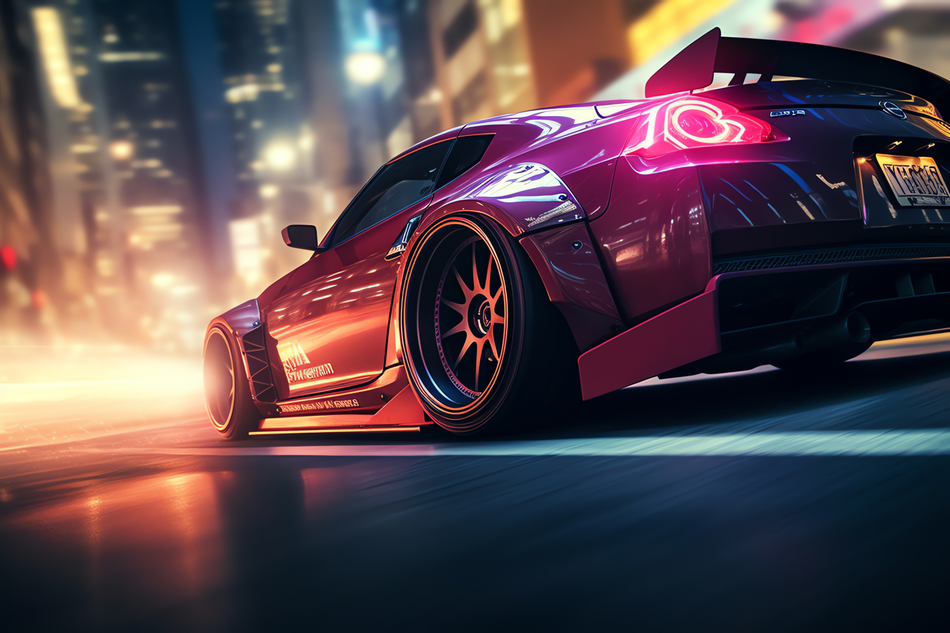 Customized Rocket Bunny body kit, Nissan 370Z performance, Urban night lights, Automotive photography, Drifting motorsport, HD Desktop Wallpaper