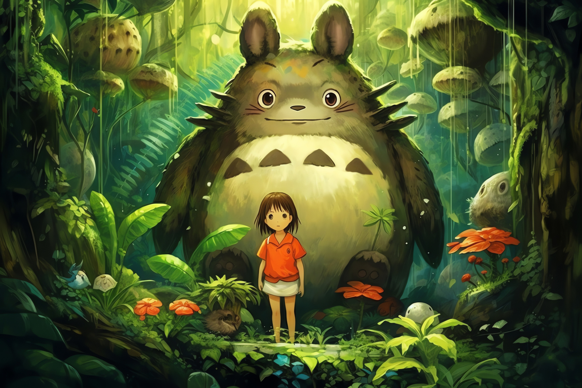 Totoro in rainforest, Iconic anime character, Dense tropical foliage, Vibrant eco-system, Anime cinematography, HD Desktop Wallpaper