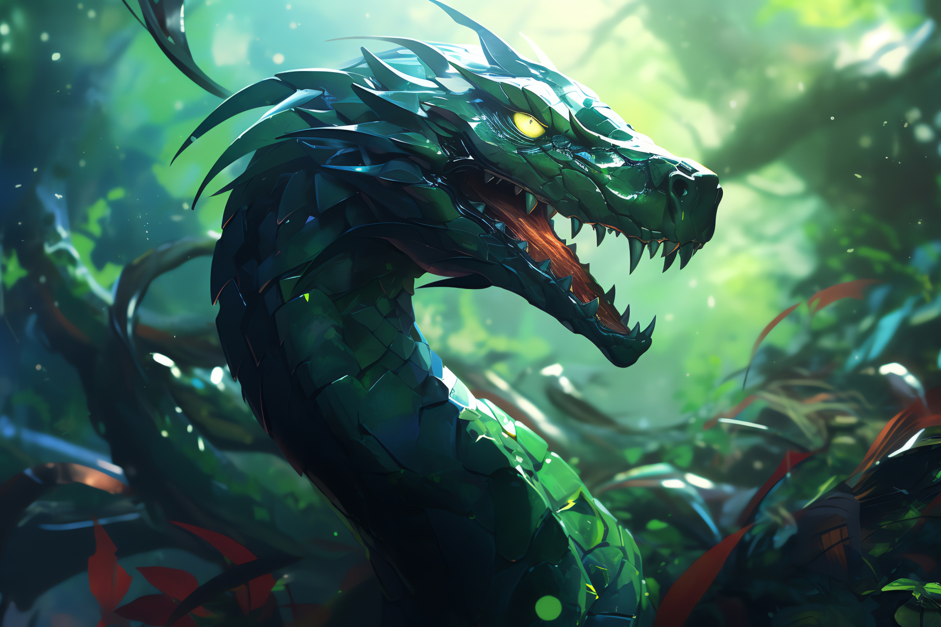 Mythical Rayquaza, enchanted woods, vivid green dragon, lush environment, forest light rays, HD Desktop Wallpaper