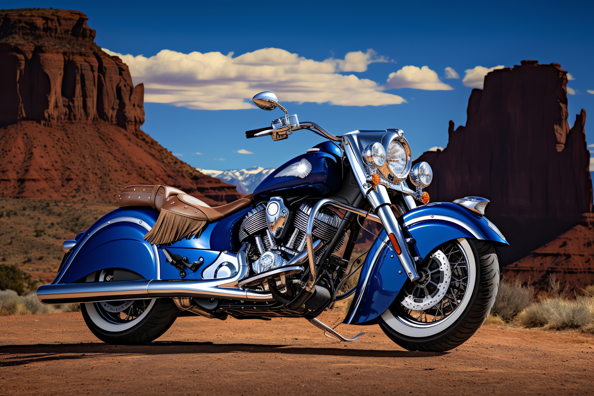 Indian Chief Classic ride, American West scenery, Navy-blue Indian motorcycle, Rugged terrain biking, Classic American cruiser, HD Desktop Image