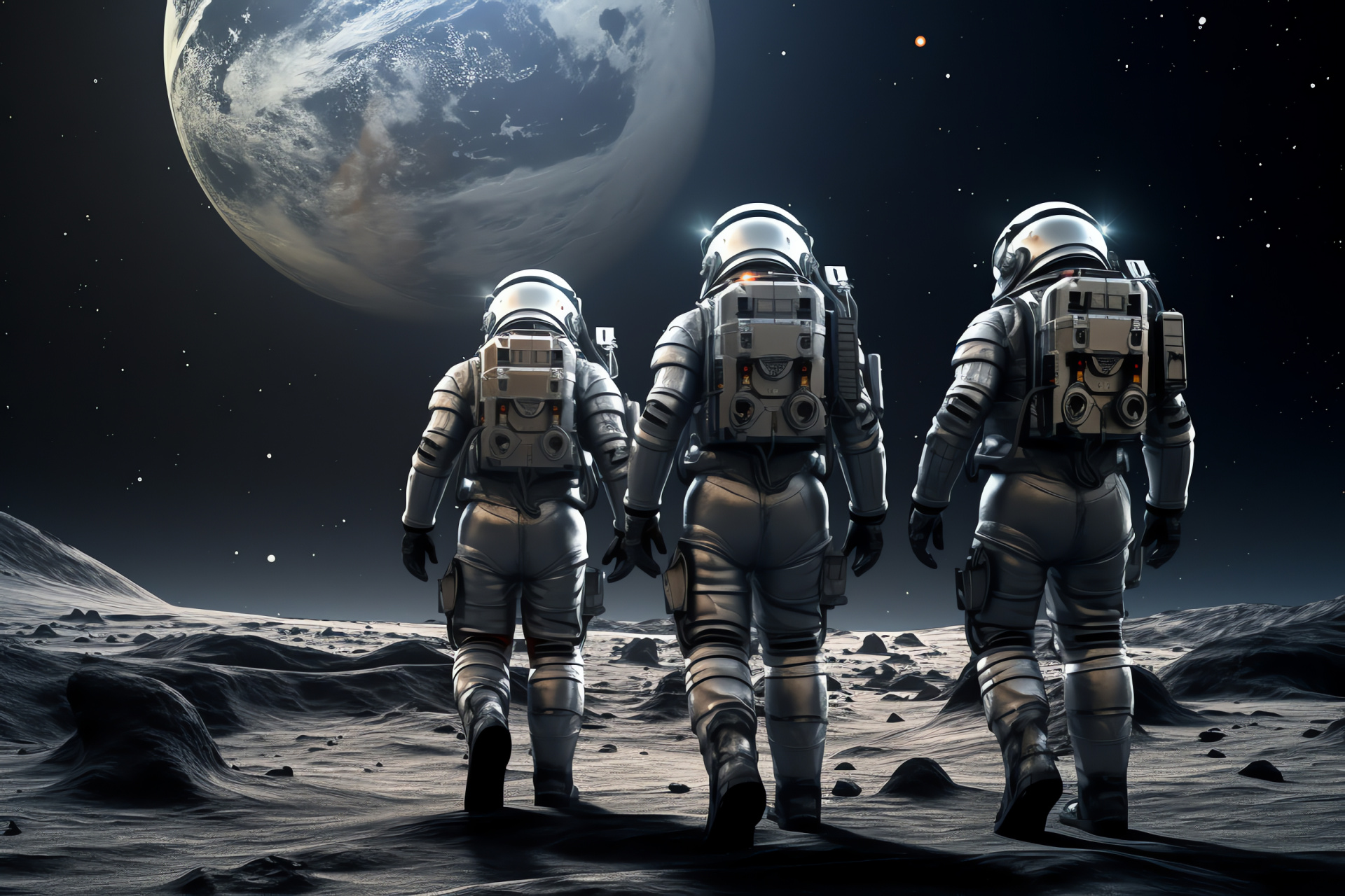 Space expedition, astronauts in gear, lunar surface exploration, remote cosmic scenery, HD Desktop Image