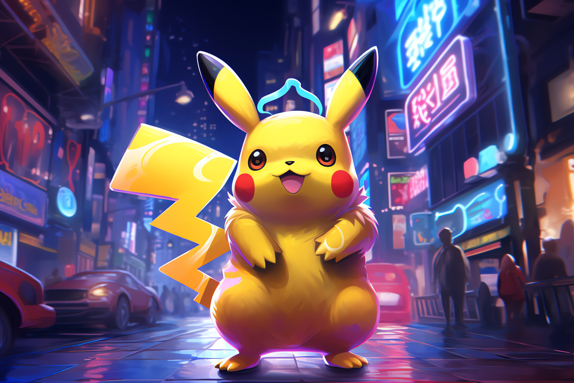 Pikachu urban adventure, Neon cityscape, Lively urban setting, Bright city illumination, Animated streetscape, HD Desktop Image