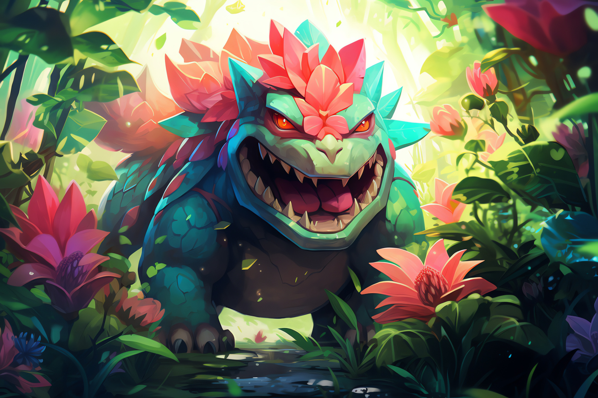 Mega Venusaur, Enriched rainforest, Verdurous flora, Blossoming fauna, Giant Pokmon, HD Desktop Wallpaper