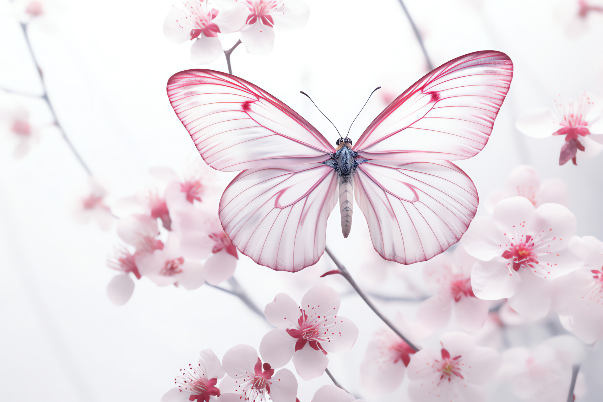 Pink Butterfly, peaceful resting insect, floral perch, white tranquil space, delicate creature, HD Desktop Image