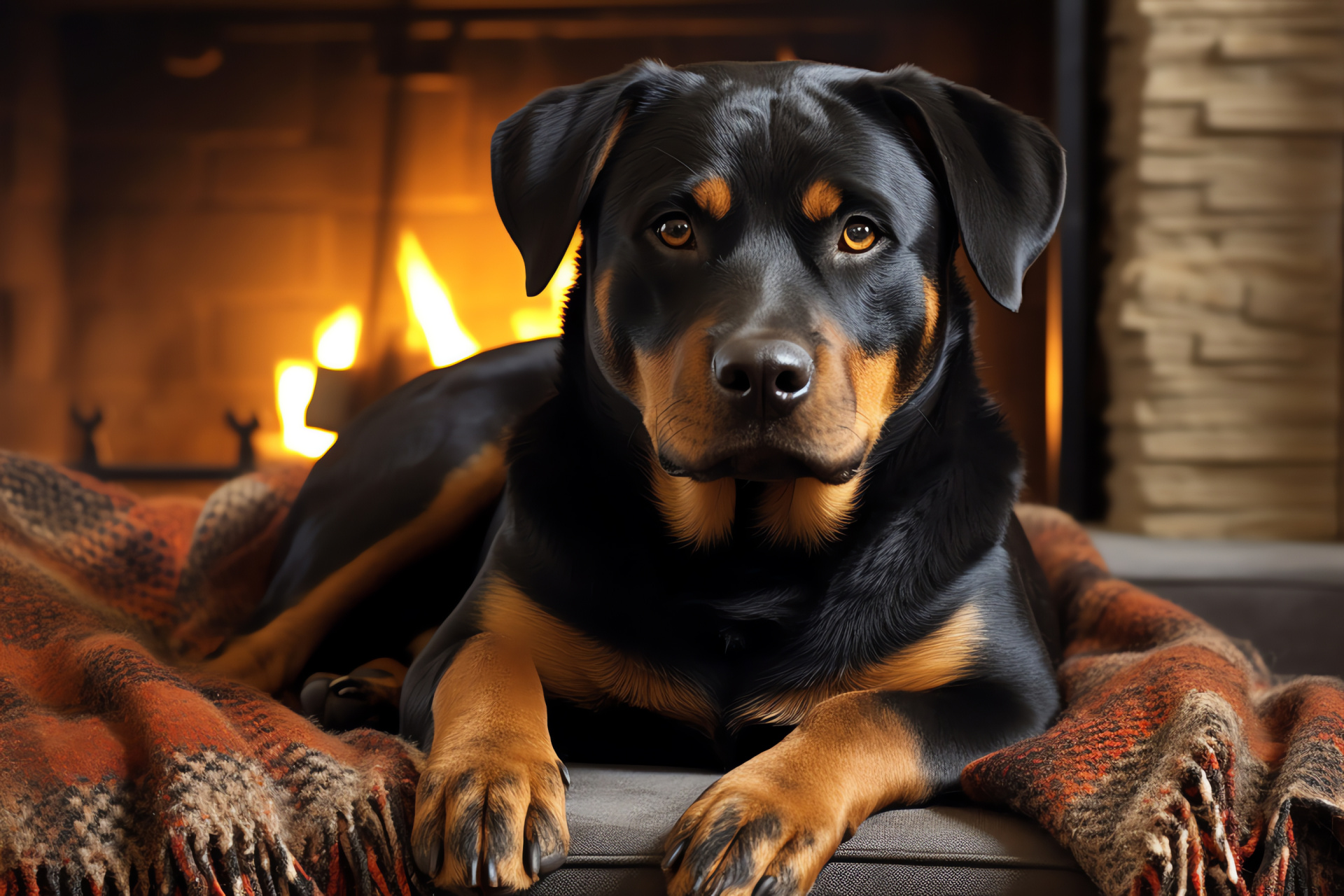 Rottweiler breed, polished fur, canine comfort, home warmth, serene hearth, HD Desktop Image