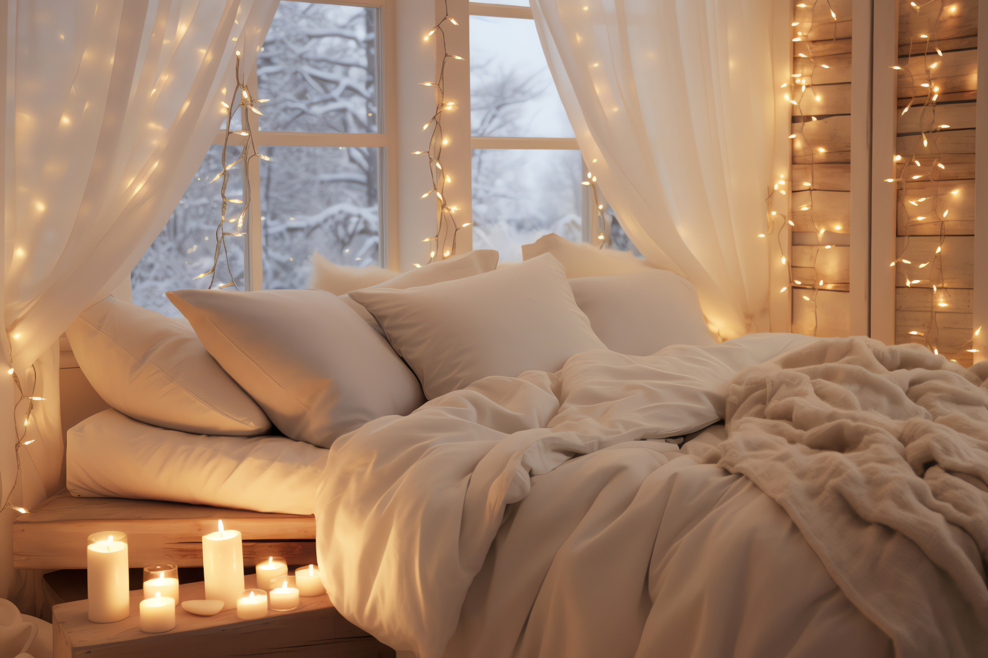 Intimate bedroom decor, festive holiday lighting, alluring ambiance, amorous setting, luminescent flair, HD Desktop Image