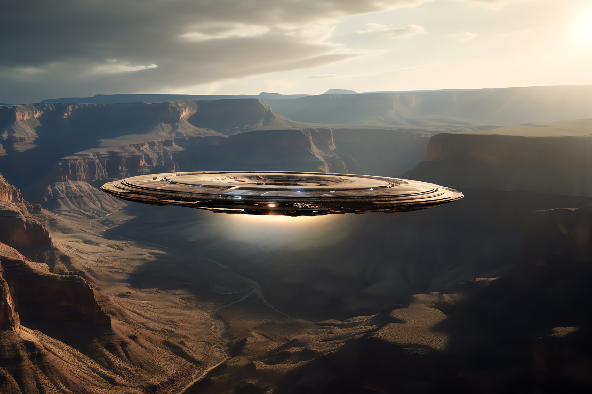 UFO desert suspend, Canyon overflight, Aerial mystery shadow, Quiet region observation, Hovering enigma, HD Desktop Image