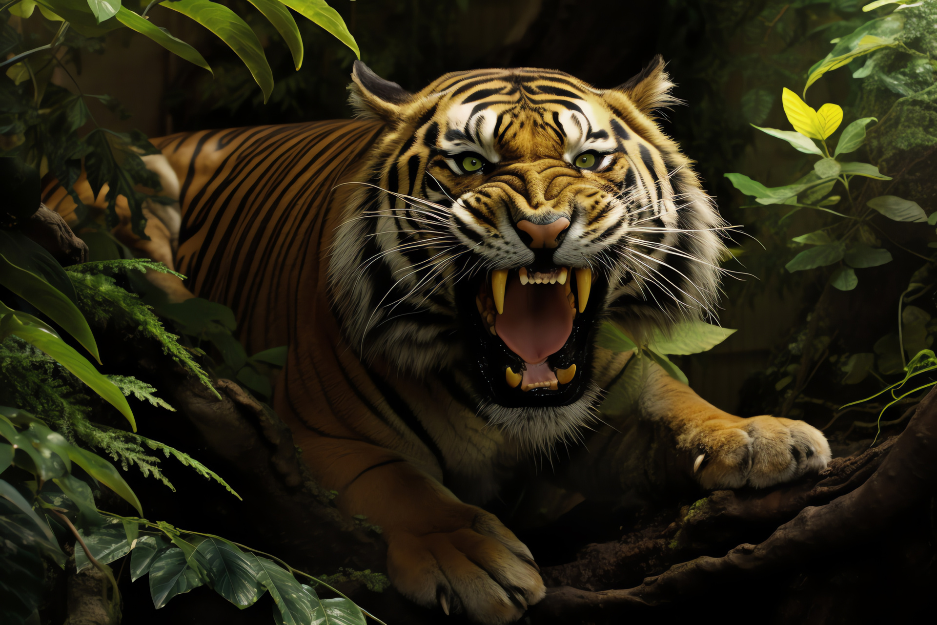 Prehistoric Saber Tooth, Extinct mammal depiction, Jungle habitat, Striped fur pattern, Predatory stance, HD Desktop Image