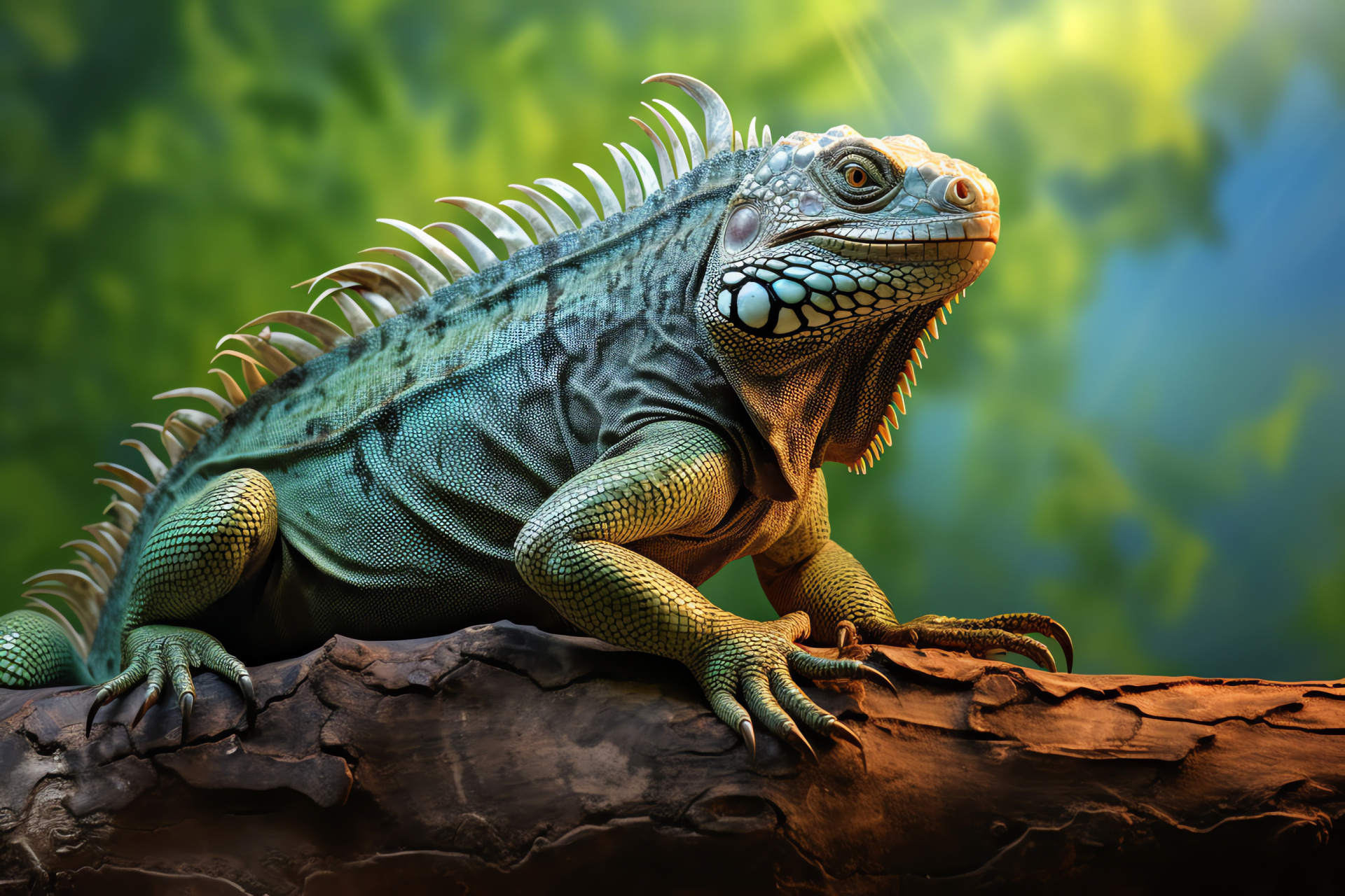 Sun-loving Iguana, reptile relaxation, dual-tone canvas, natural vibrancy, cerulean blend, HD Desktop Wallpaper