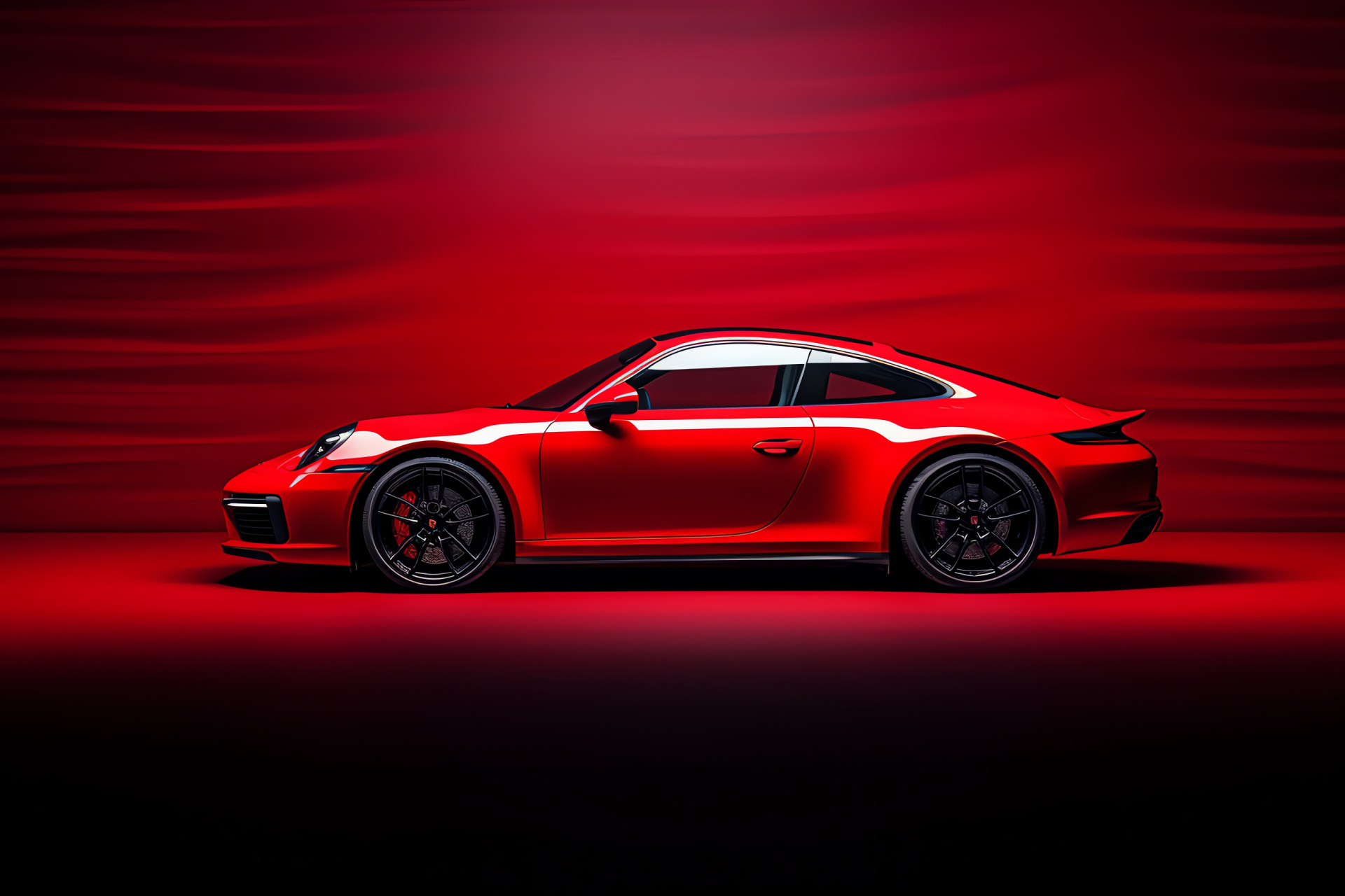 Porsche 911 model, Solid crimson setting, Lateral aspect, Aerodynamic contours, Automobile photography, HD Desktop Wallpaper