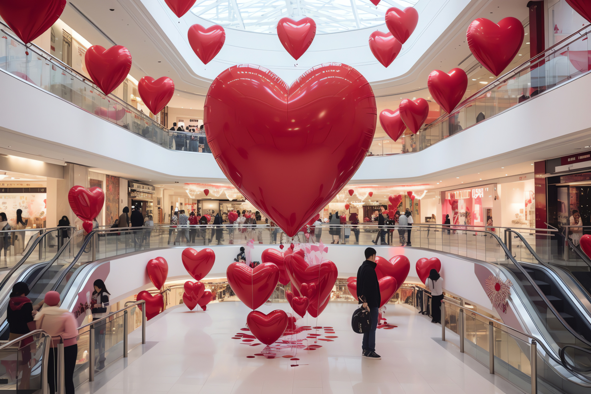 Valentine's retail excitement, Heartfelt shopping, Bustling consumers, Commerce love, Festive mall, HD Desktop Wallpaper