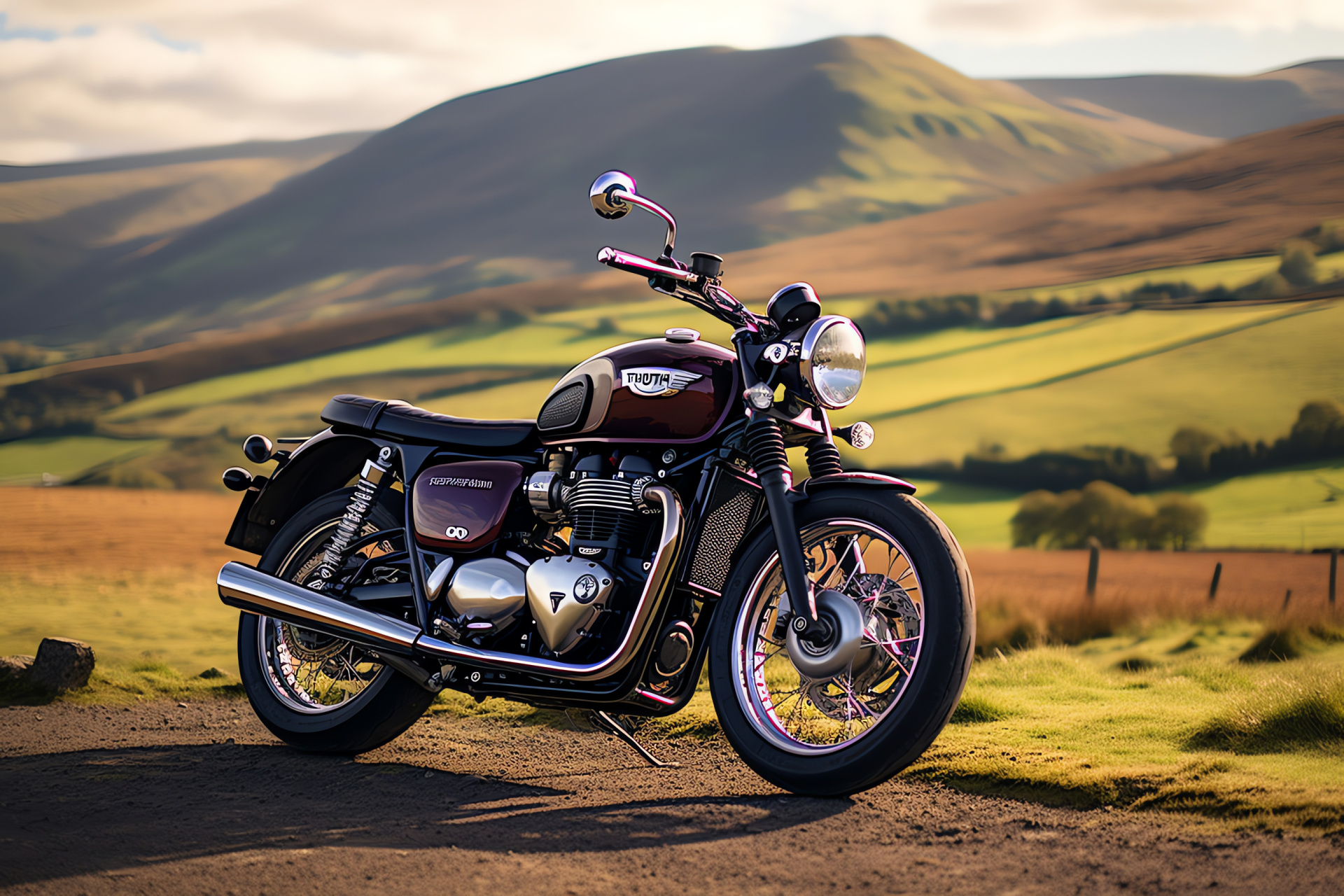 Triumph Bonneville classic, England's Peak District, vintage style, robust motorbike, hilly countryside, HD Desktop Wallpaper