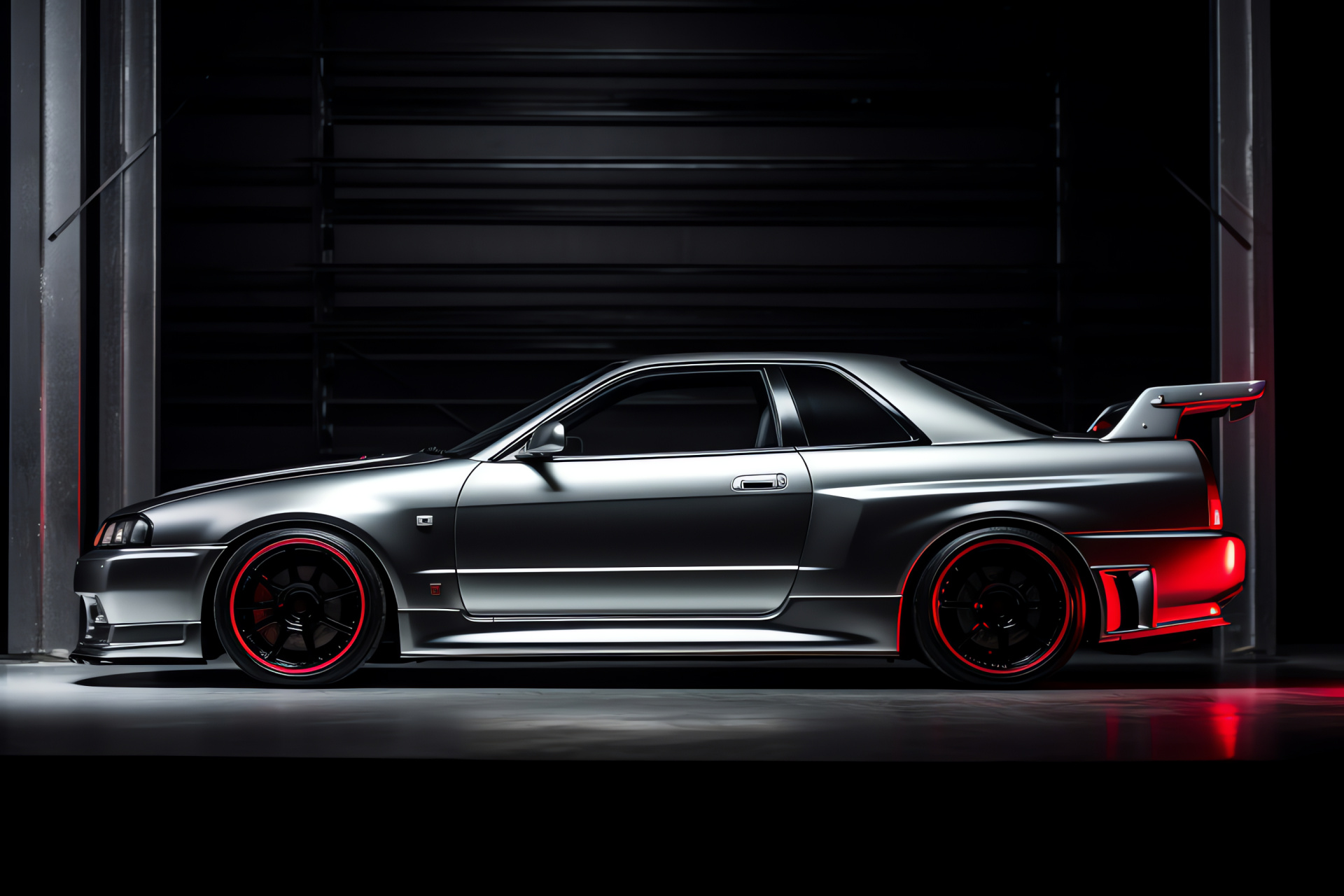 Nissan Skyline R32 GTR profile, Silver sports coupe, Dramatic stage lighting, Japanese performance car, Automotive style, HD Desktop Wallpaper