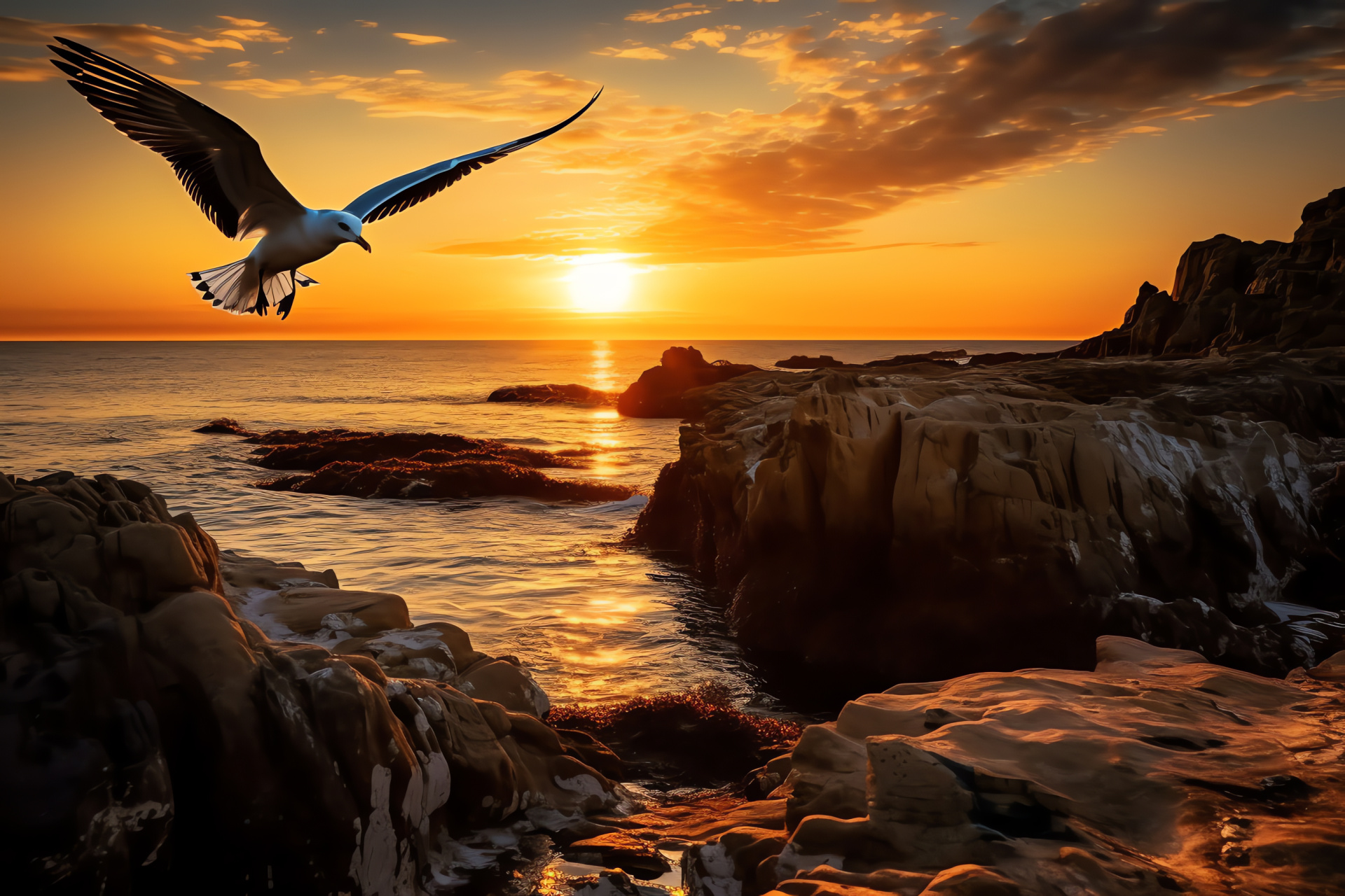 Coastal seagull, Sea cove bird, Rocky shore avian, Bird landing, Ocean gull, HD Desktop Image