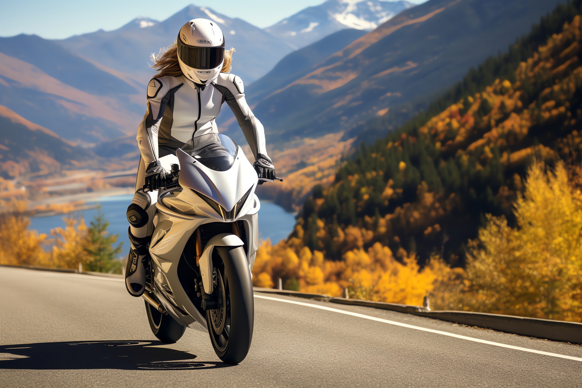 Silver sportbike attire, Scenic mountain ride, Majestic landscape, Autumn season beauty, Winding asphalt excursion, HD Desktop Wallpaper