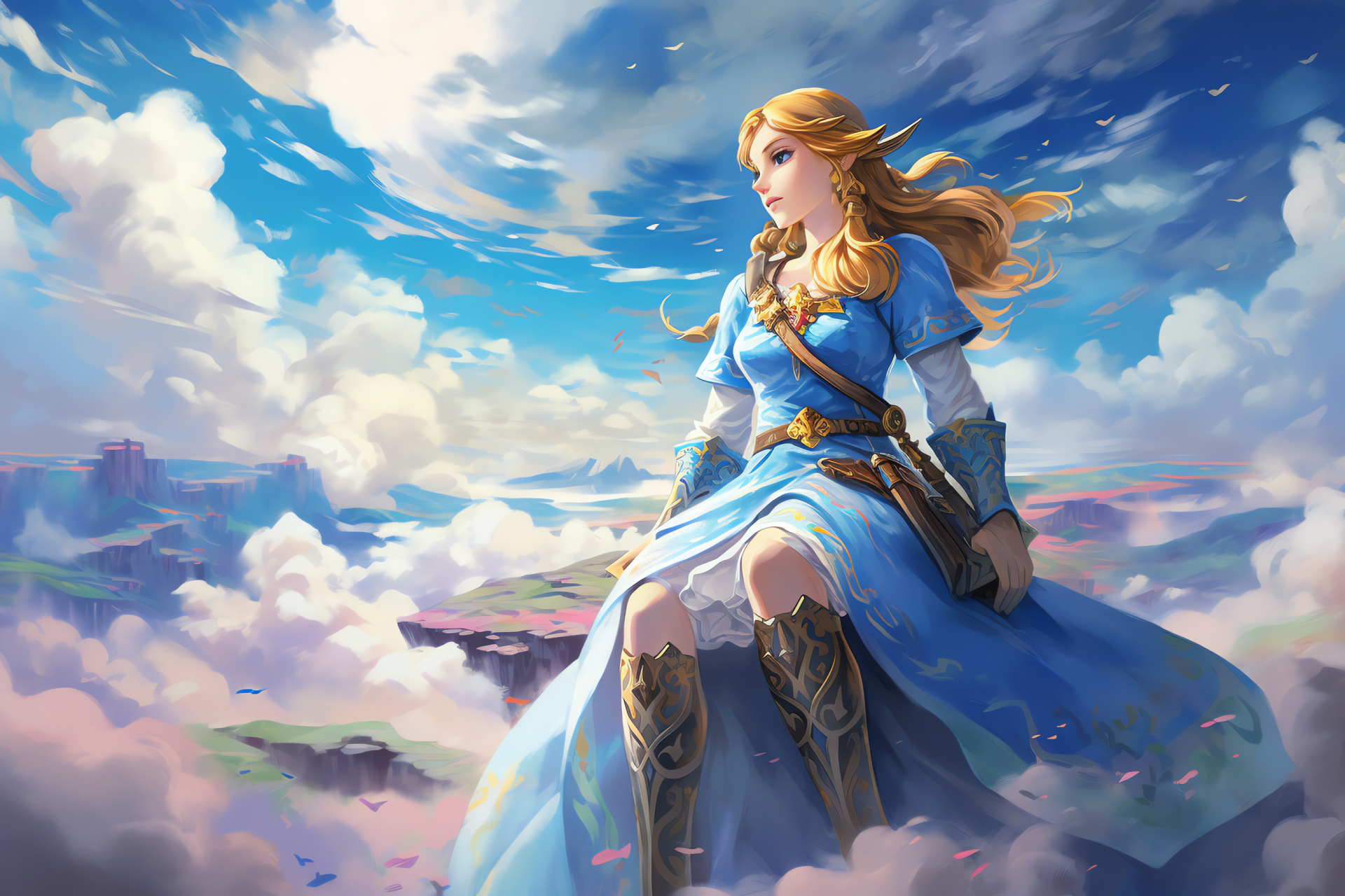 Princess Zelda adventure, majestic bird, azure firmament, intense cobalts, drifting vapors, HD Desktop Image