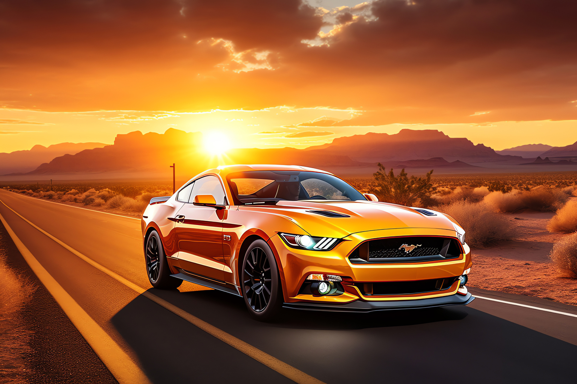 Ford Mustang, Iconic Route 66, Classic American auto, Arid environment, Evening luminescence, HD Desktop Image