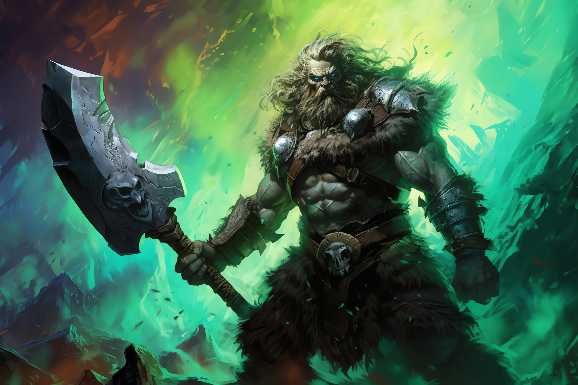 Garruk Wildspeaker image, Emerald eyed character, Untamed hair profile, Weapon in hand, MTG fantasy art, HD Desktop Image